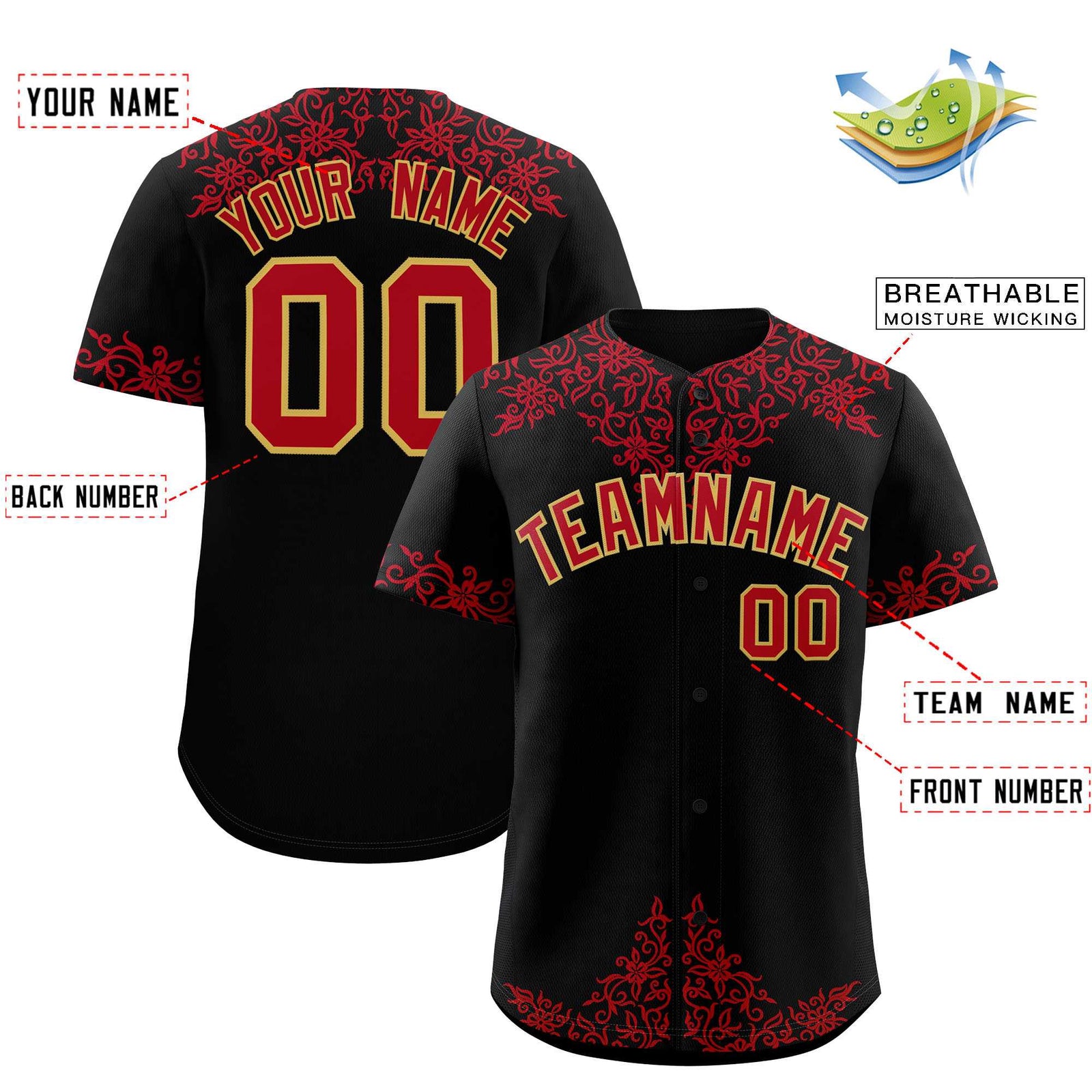 Custom Black Red Baroque Style Personalized Baseball Jersey