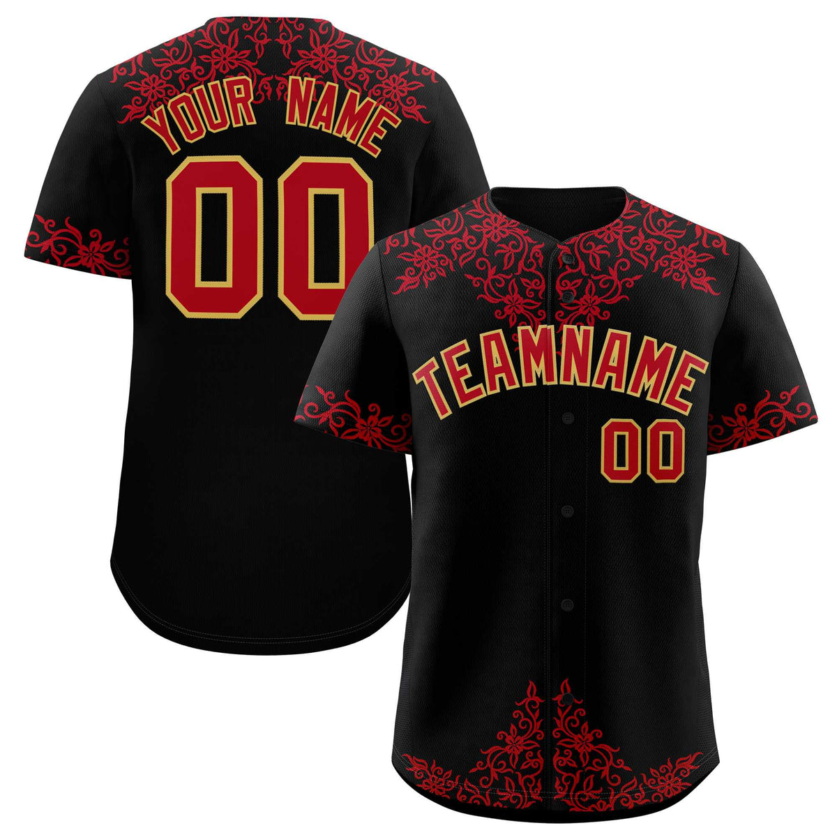 Custom Black Red Baroque Style Personalized Baseball Jersey