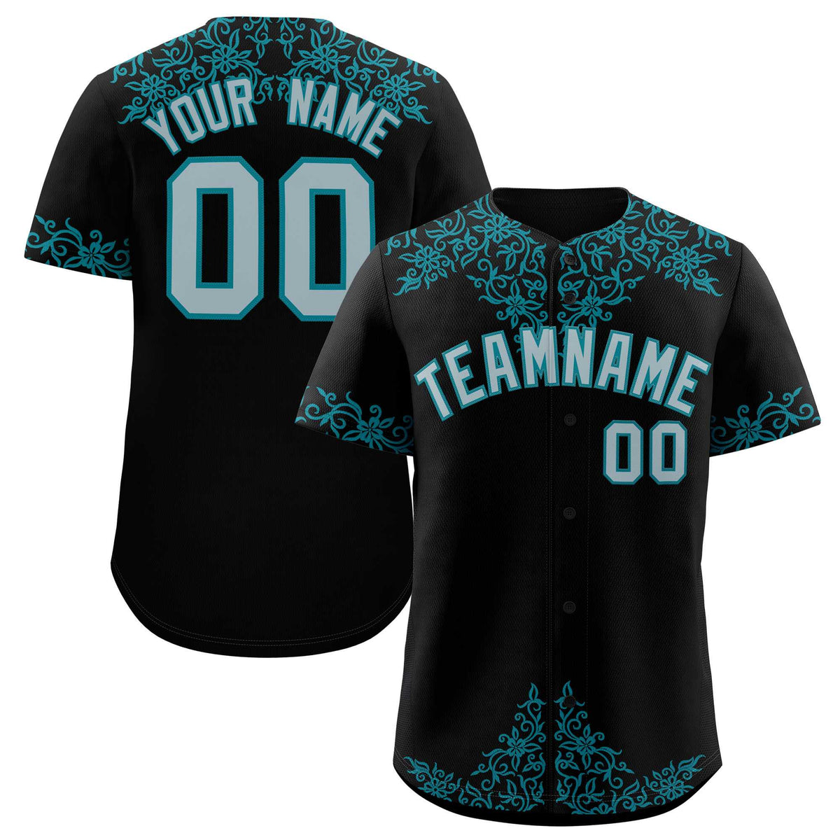 Custom Black Teal Baroque Style Personalized Baseball Jersey