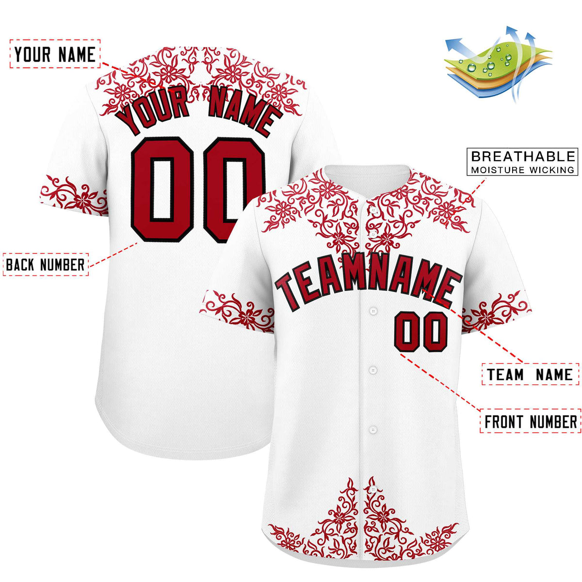 Custom White Red Baroque Style Personalized Baseball Jersey