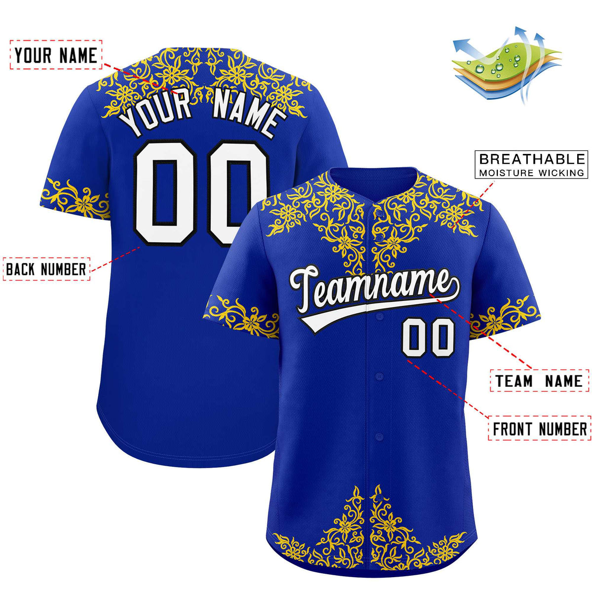 Custom Royal Gold Baroque Style Personalized Baseball Jersey