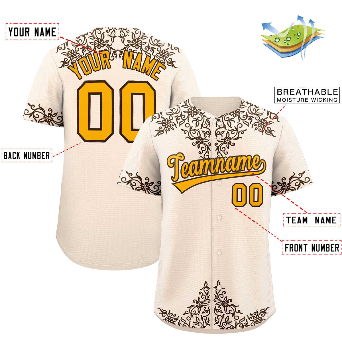Custom Cream Brown Baroque Style Personalized Baseball Jersey