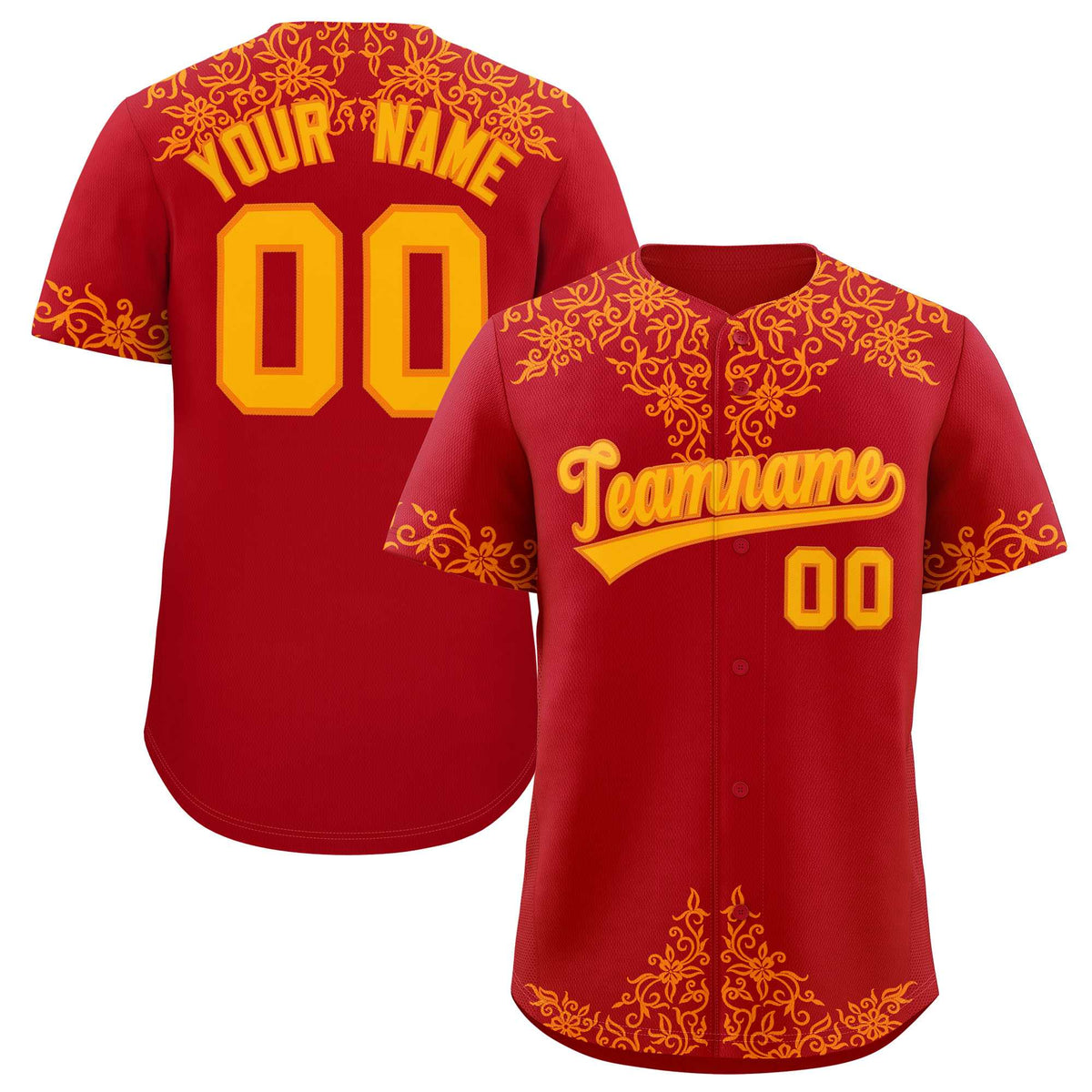 Custom Red Yellow Baroque Style Personalized Baseball Jersey