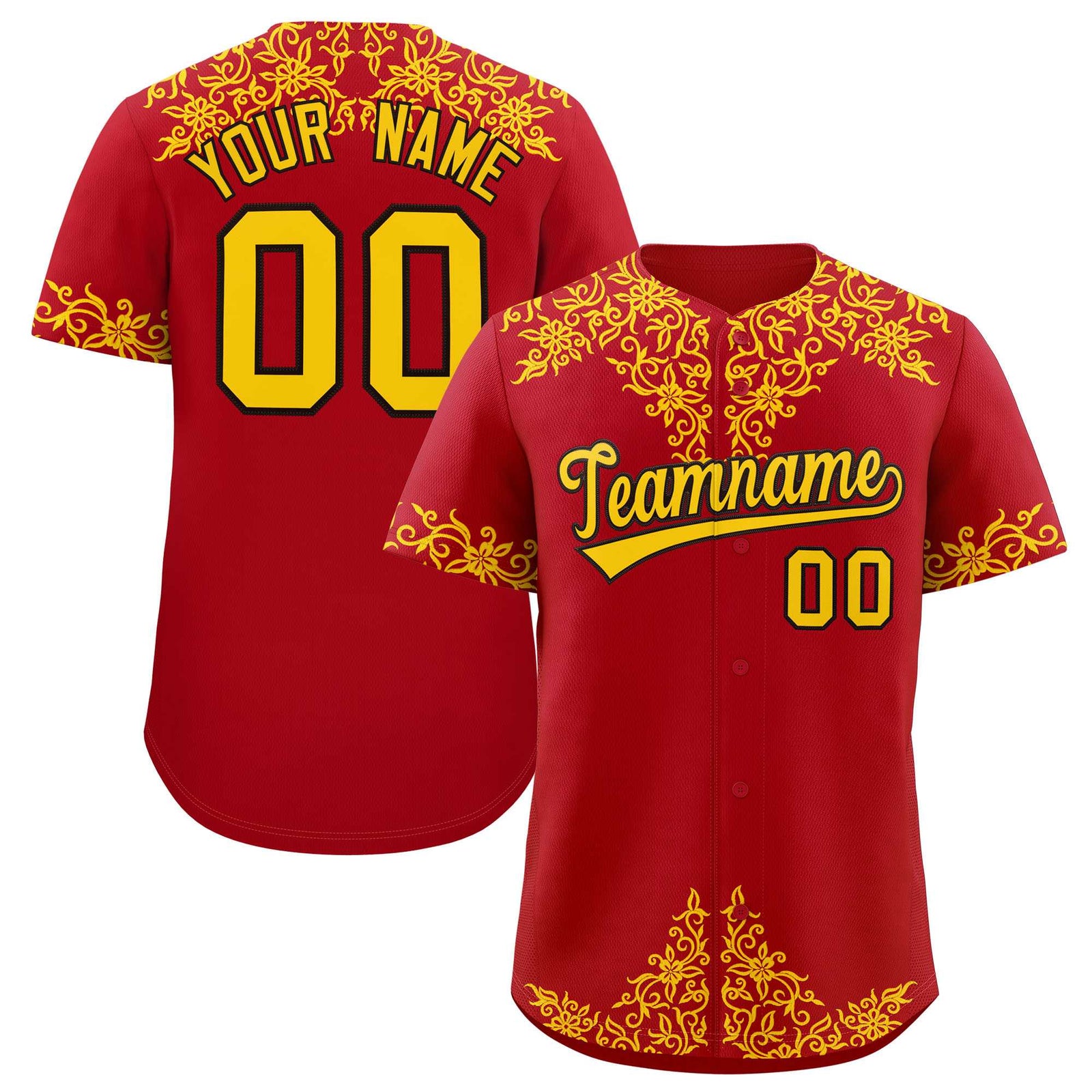Custom Red Gold Baroque Style Personalized Baseball Jersey