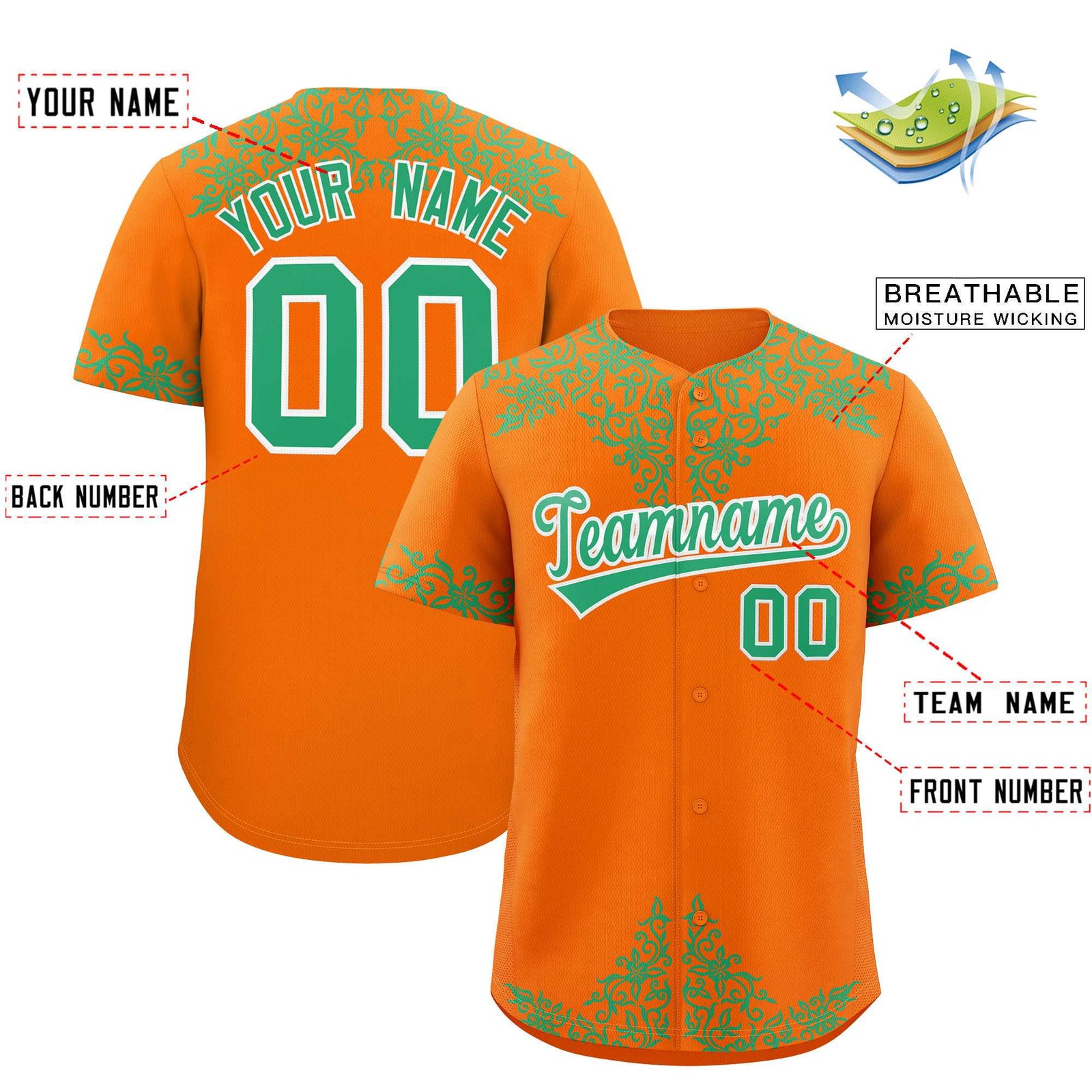 Custom Orange Bright Green Baroque Style Personalized Baseball Jersey