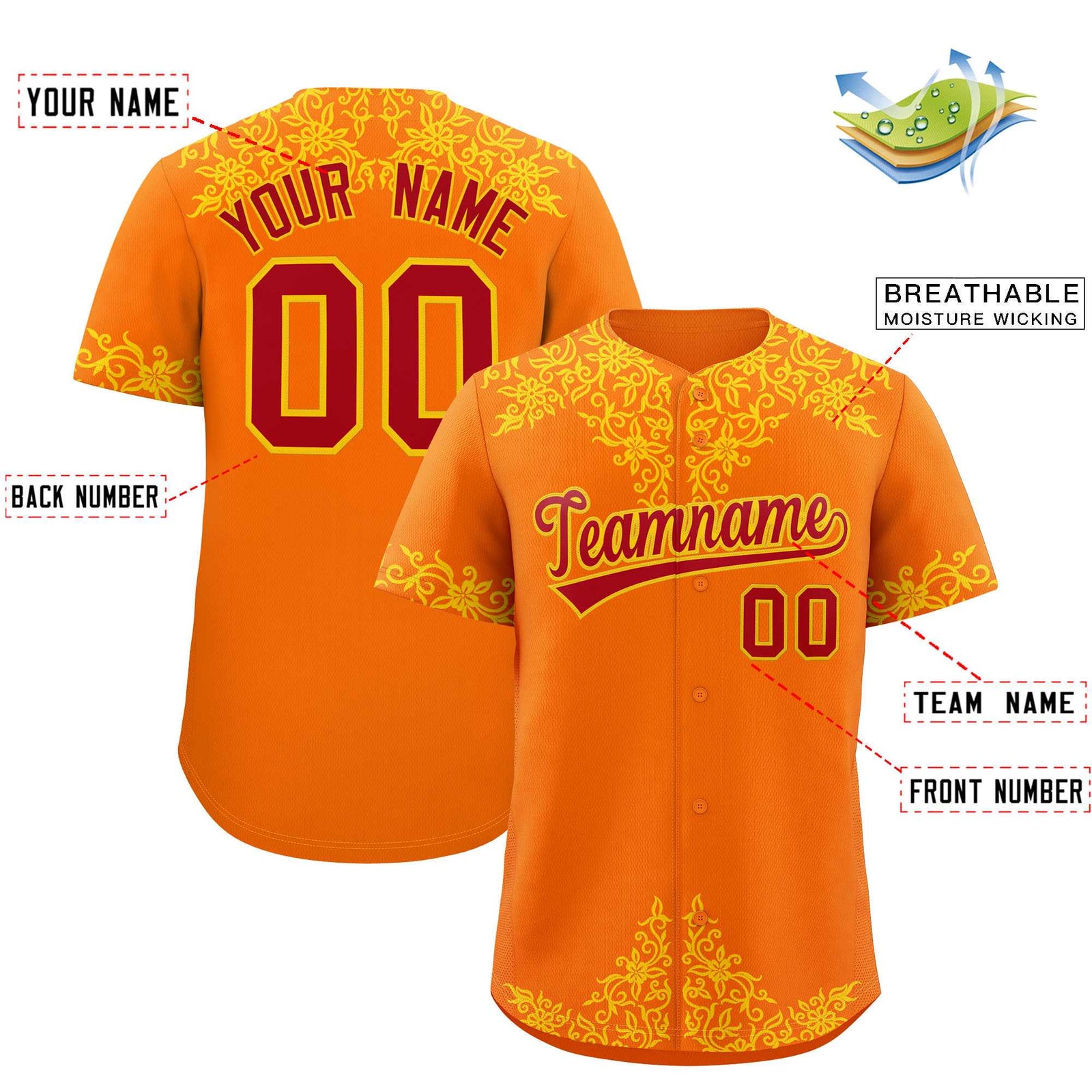 Custom Orange Gold Baroque Style Personalized Baseball Jersey