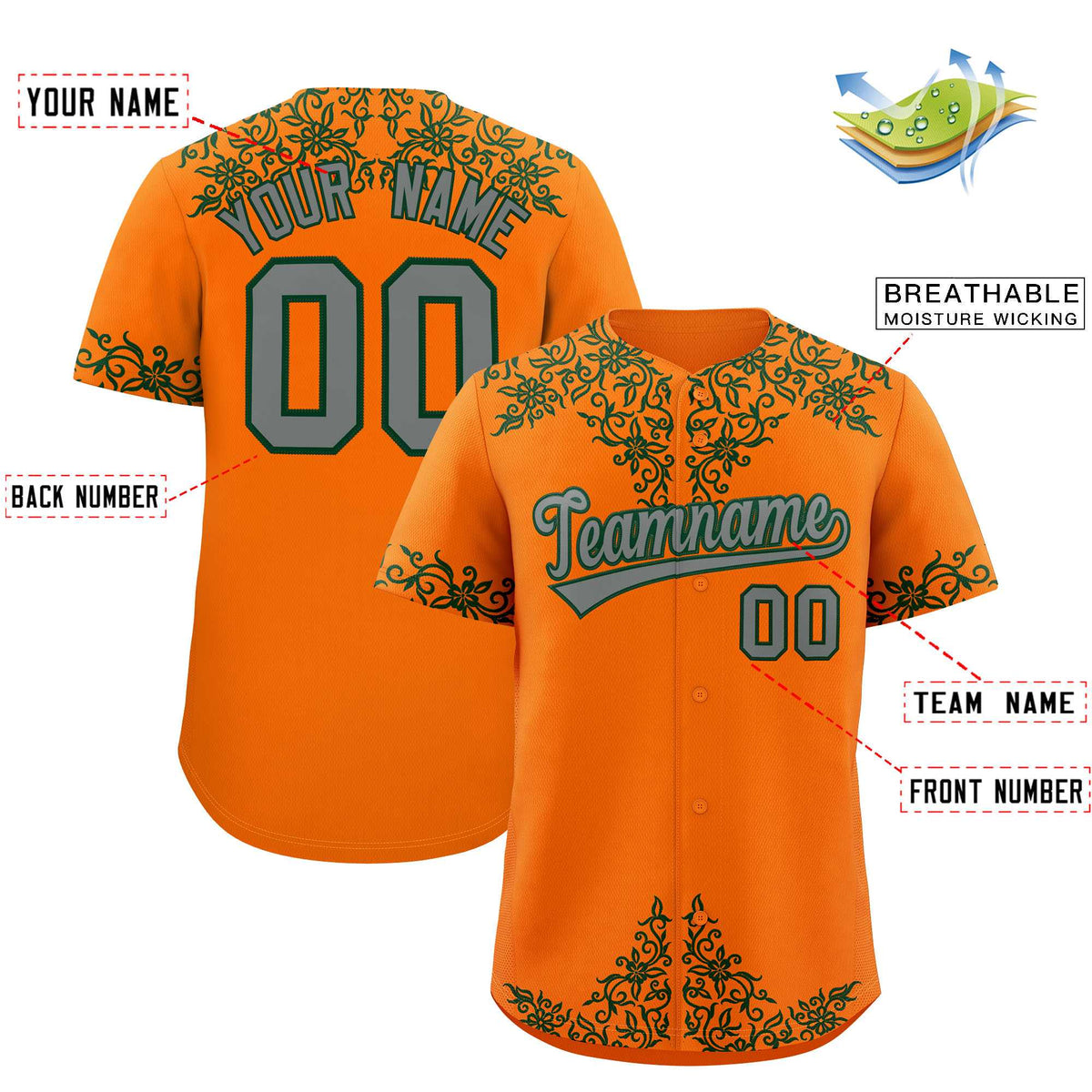 Custom Orange Green Baroque Style Personalized Baseball Jersey
