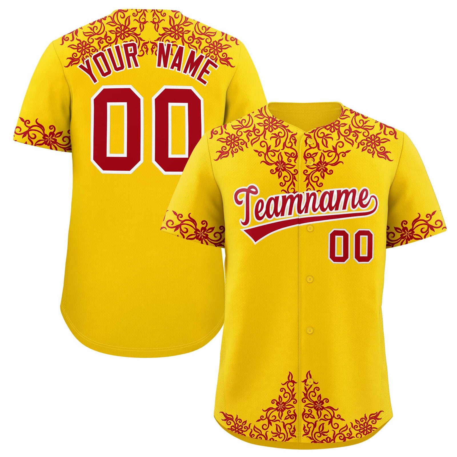 Custom Gold Red Baroque Style Personalized Baseball Jersey
