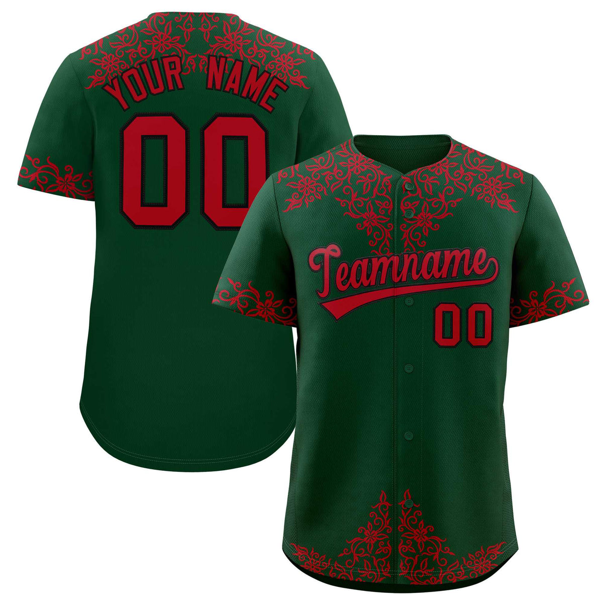 Custom Green Red Baroque Style Personalized Baseball Jersey
