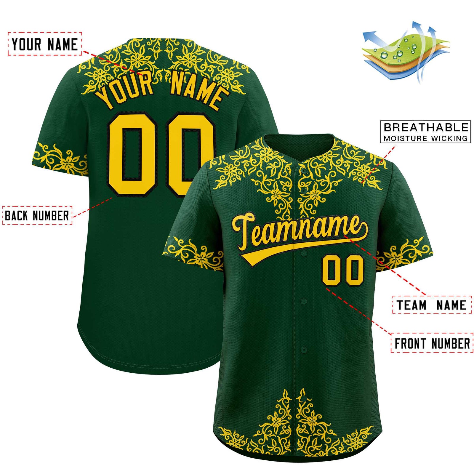 Custom Green Gold Baroque Style Personalized Baseball Jersey