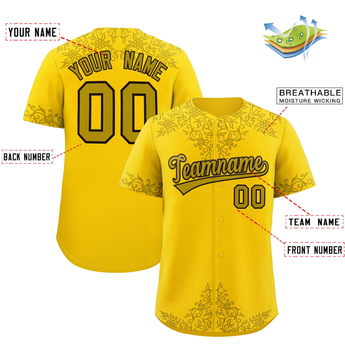 Custom Gold Old Gold Baroque Style Personalized Baseball Jersey