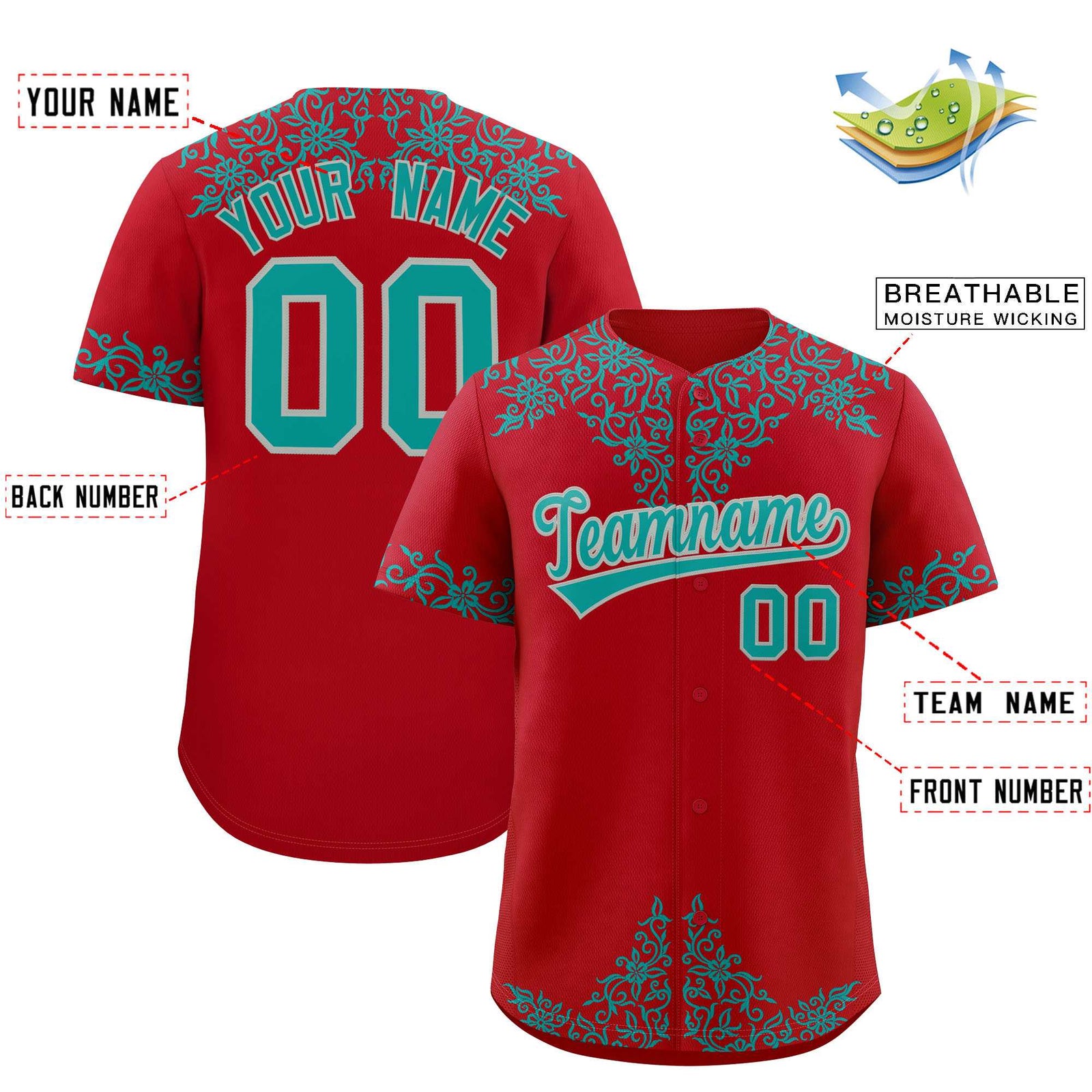 Custom Red Teal Baroque Style Personalized Baseball Jersey