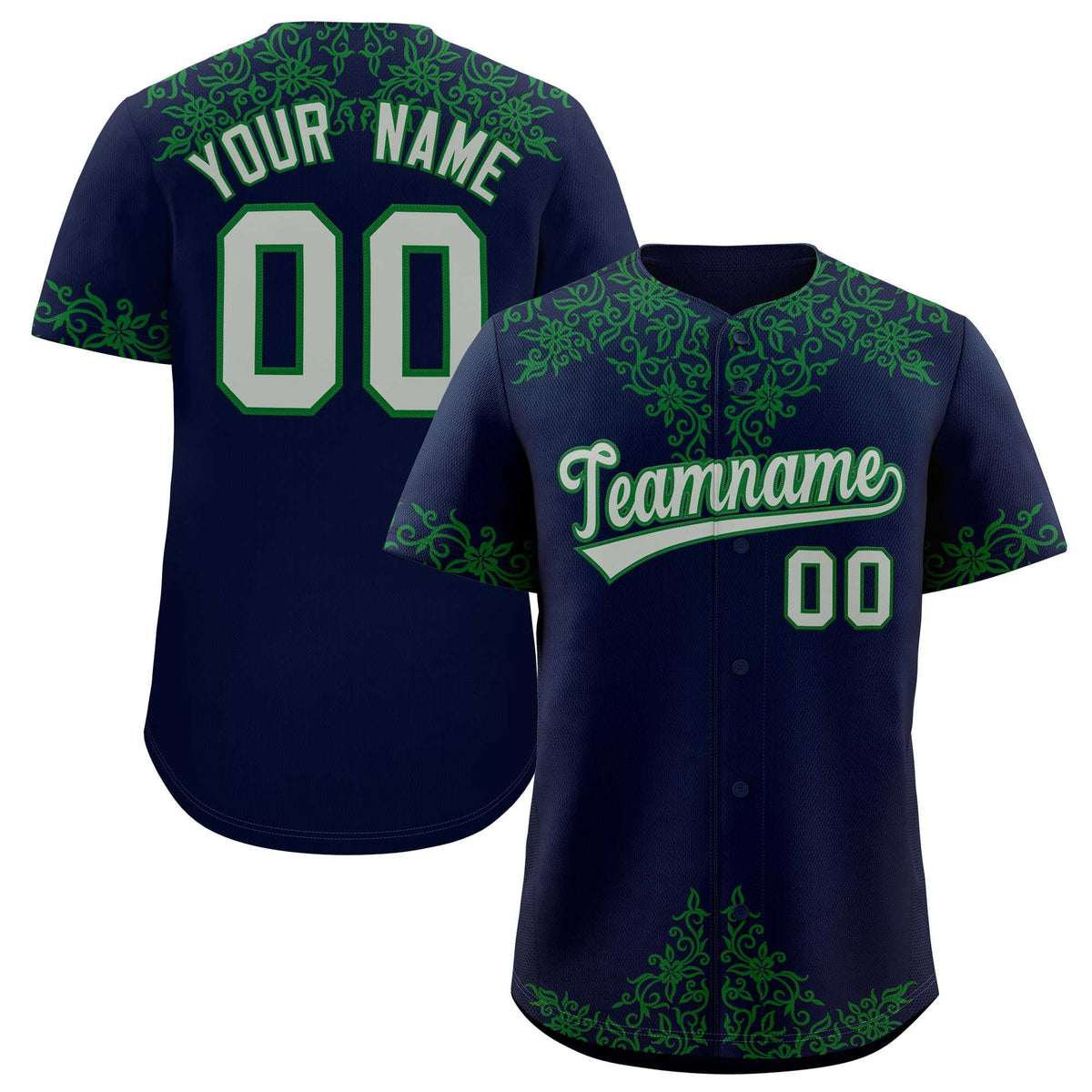Custom Navy Kelly Green Baroque Style Personalized Baseball Jersey