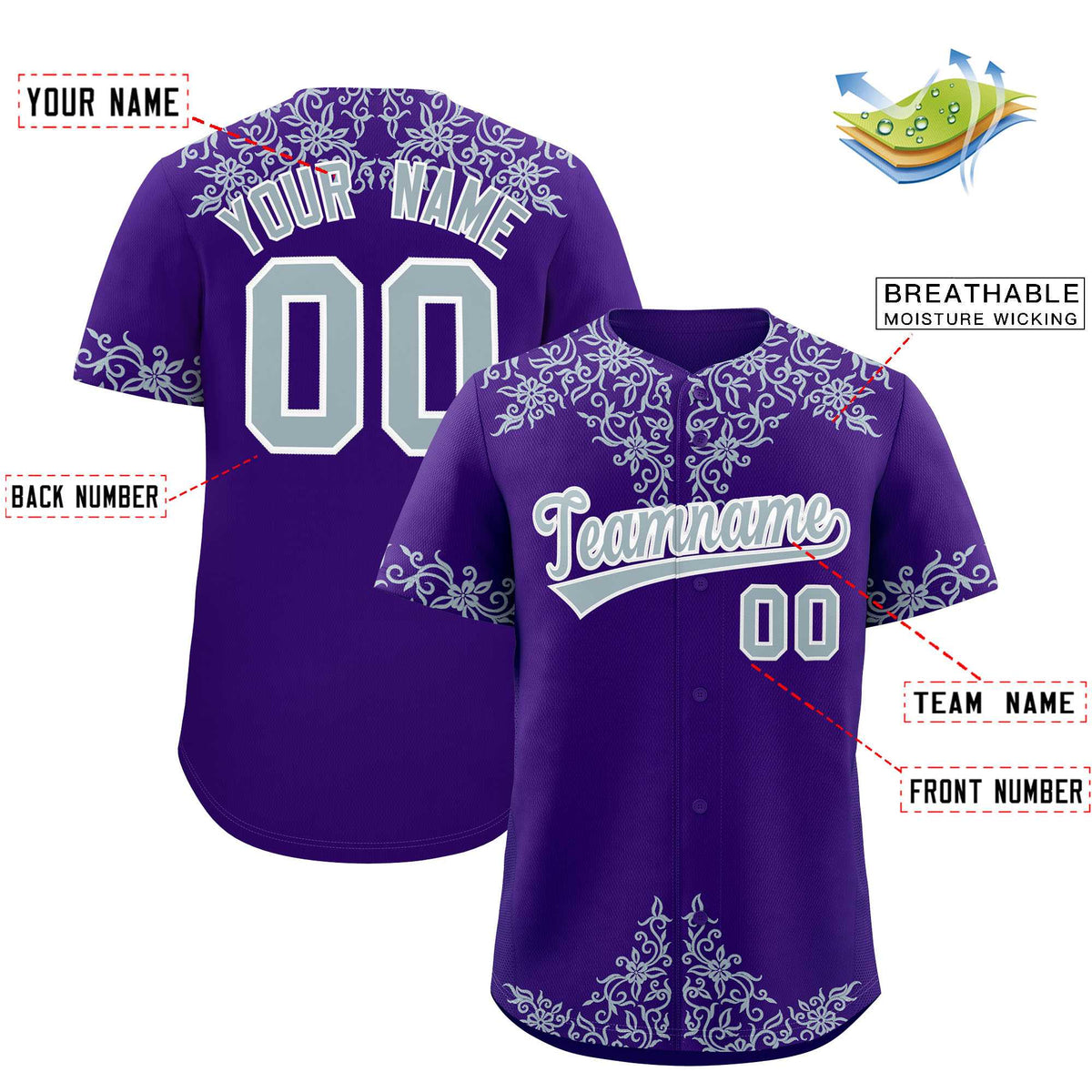 Custom Purple Silver Baroque Style Personalized Baseball Jersey