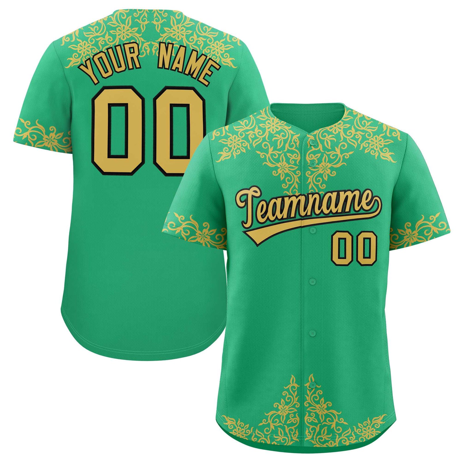 Custom Bright Green Old Gold Baroque Style Personalized Baseball Jersey