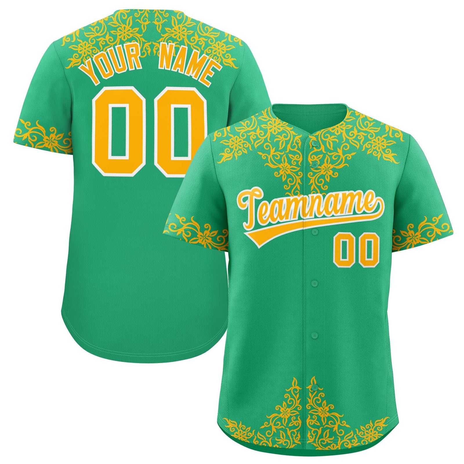 Custom Bright Green Gold Baroque Style Personalized Baseball Jersey