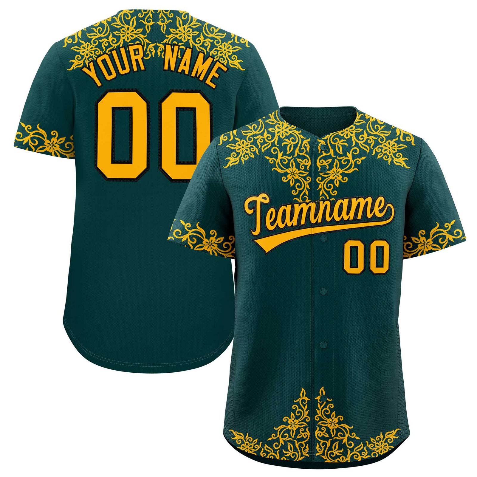 Custom Midnight Green Gold Baroque Style Personalized Baseball Jersey