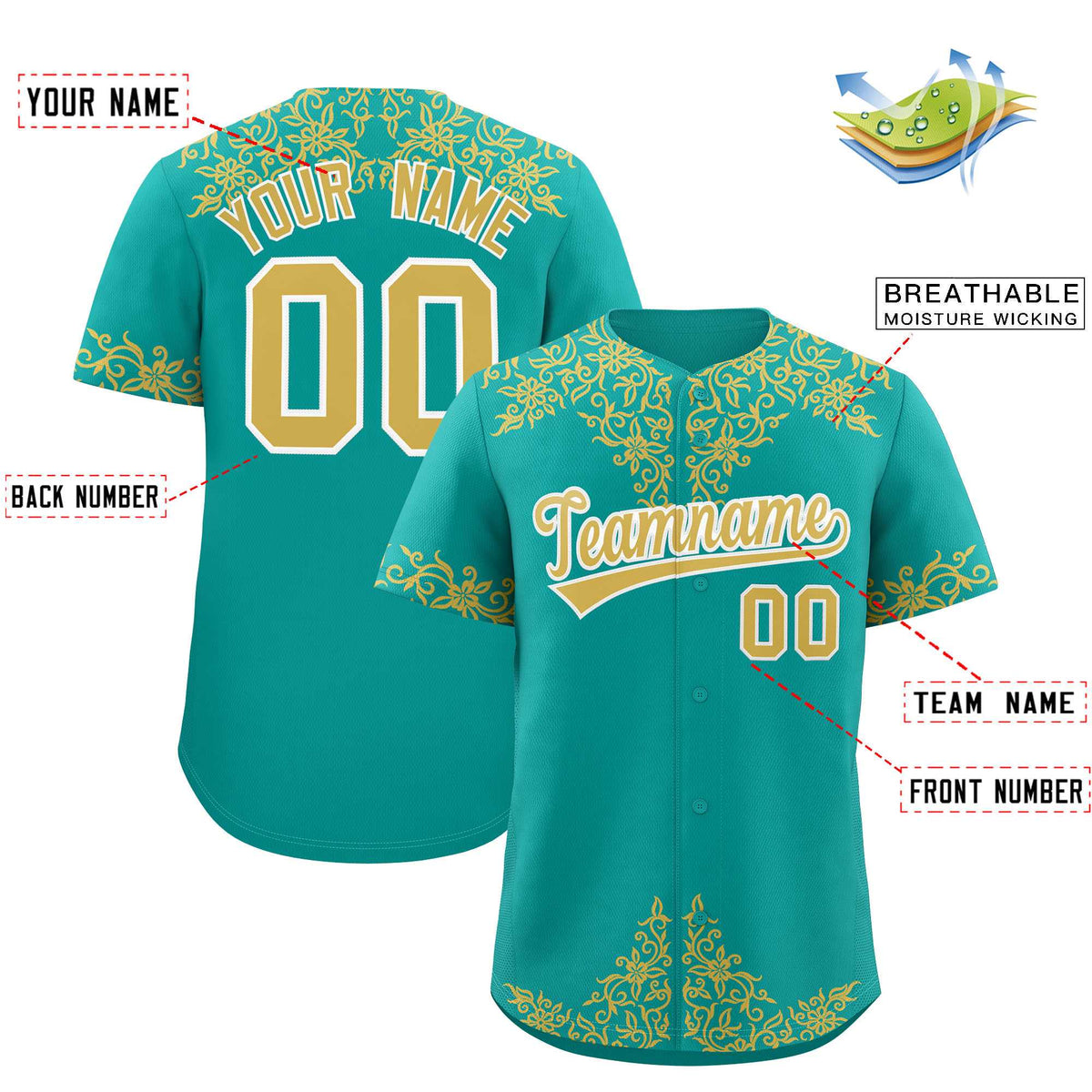 Custom Aqua Old Gold Baroque Style Personalized Baseball Jersey