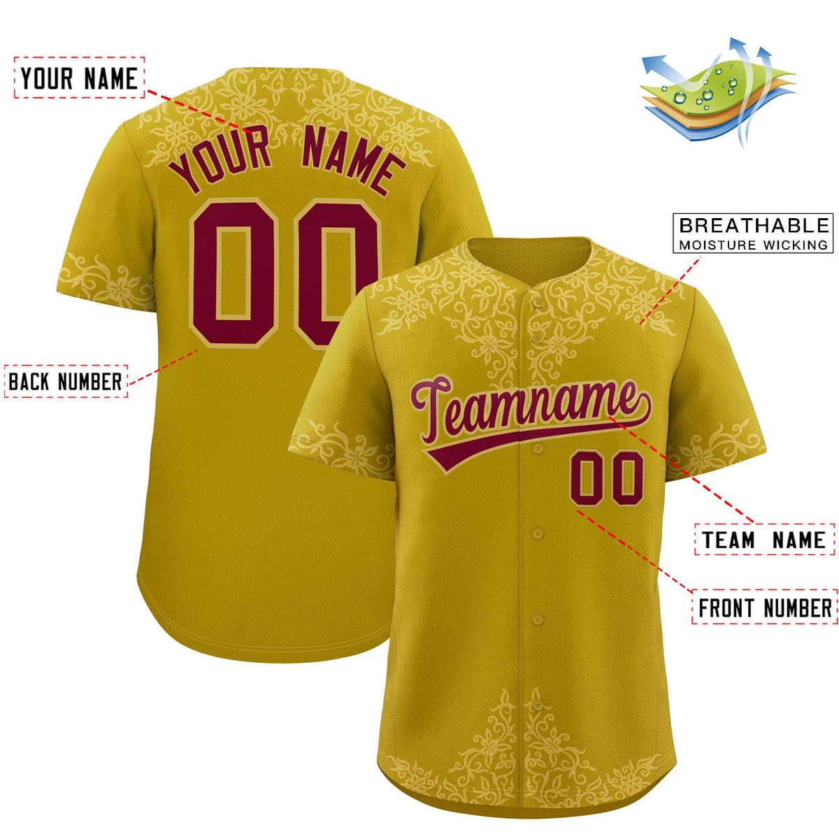 Custom Old Gold Old Gold Baroque Style Personalized Baseball Jersey