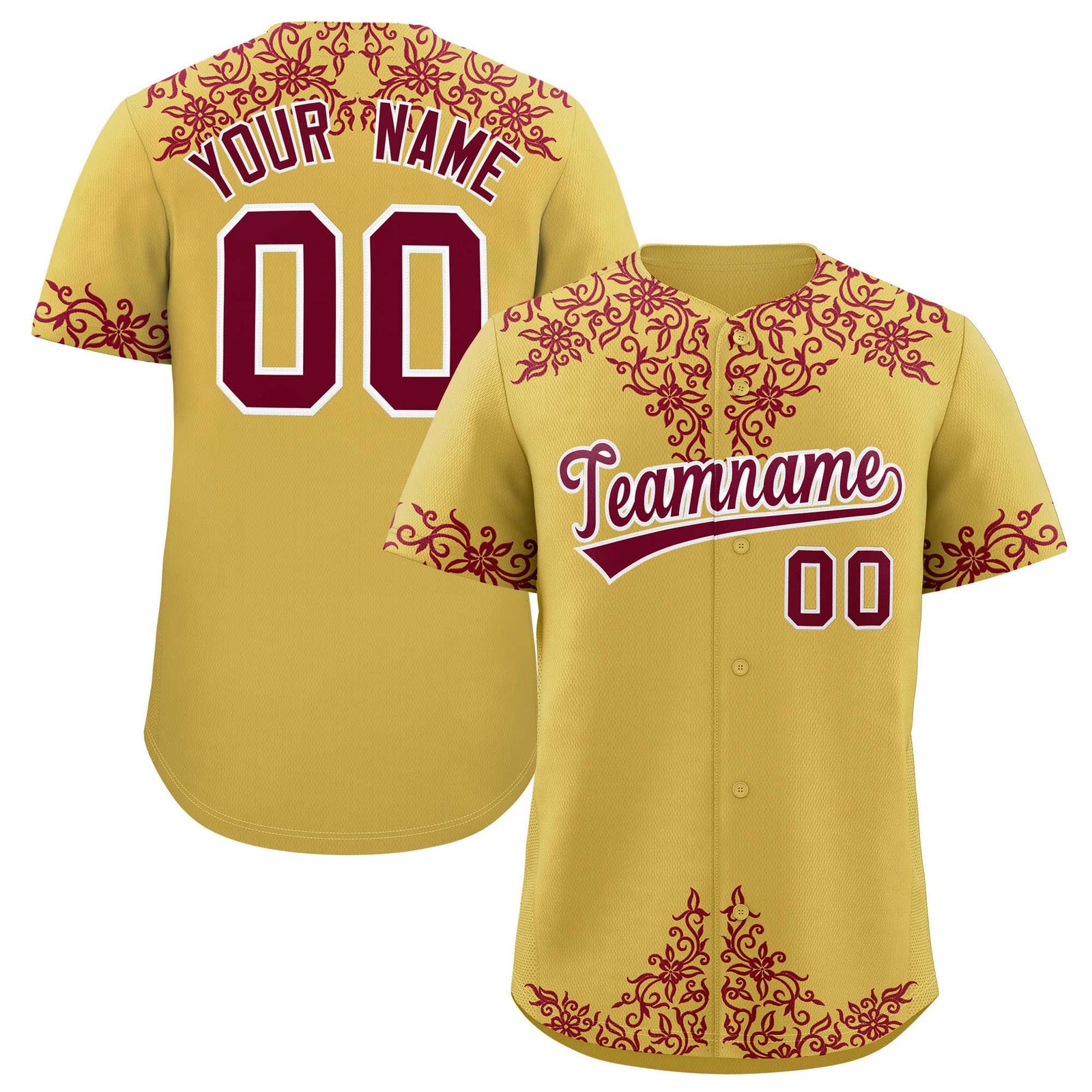 Custom Old Gold Crimson Baroque Style Personalized Baseball Jersey