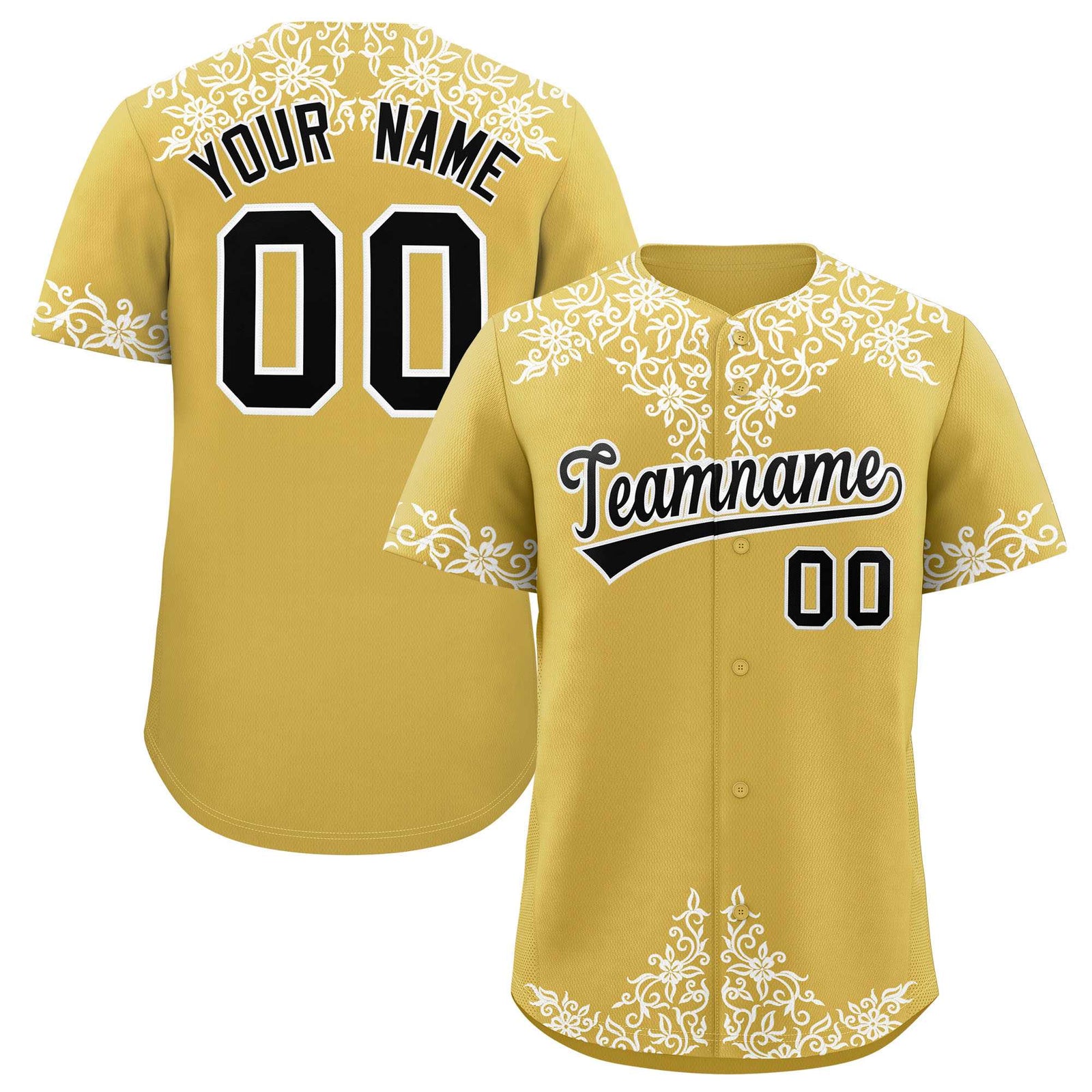 Custom Old Gold White Baroque Style Personalized Baseball Jersey