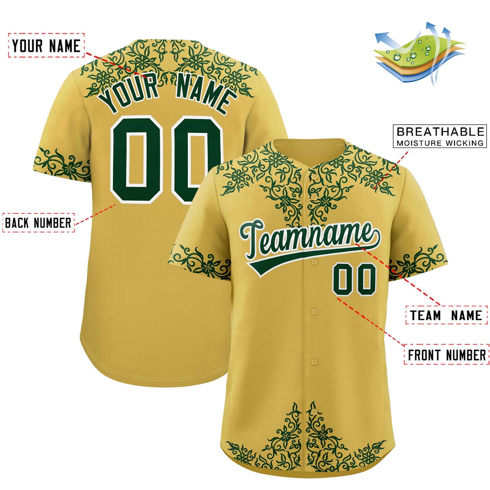 Custom Old Gold Green Baroque Style Personalized Baseball Jersey