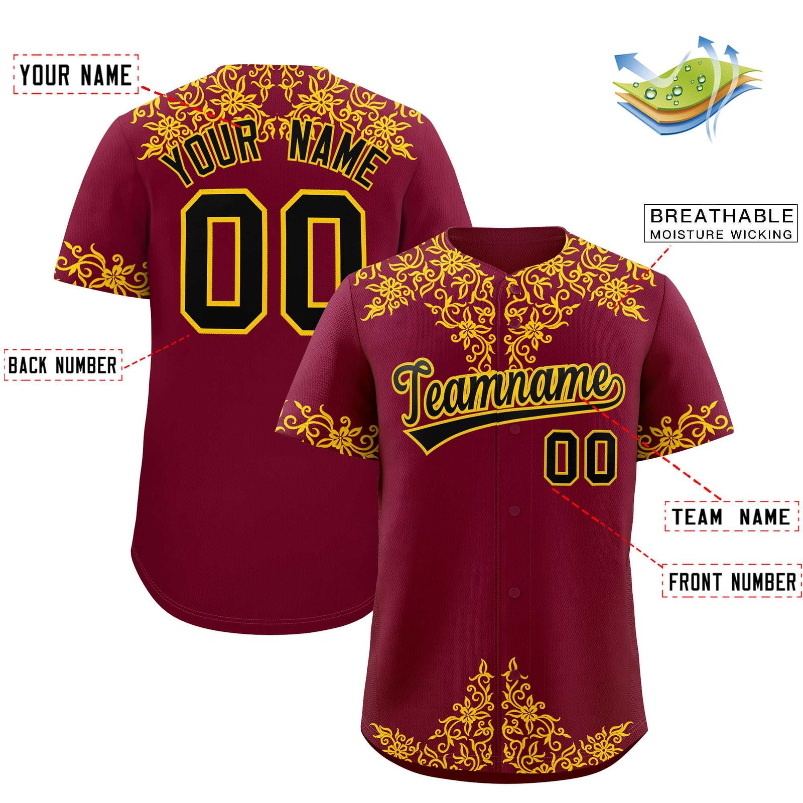 Custom Crimson Yellow Baroque Style Personalized Baseball Jersey