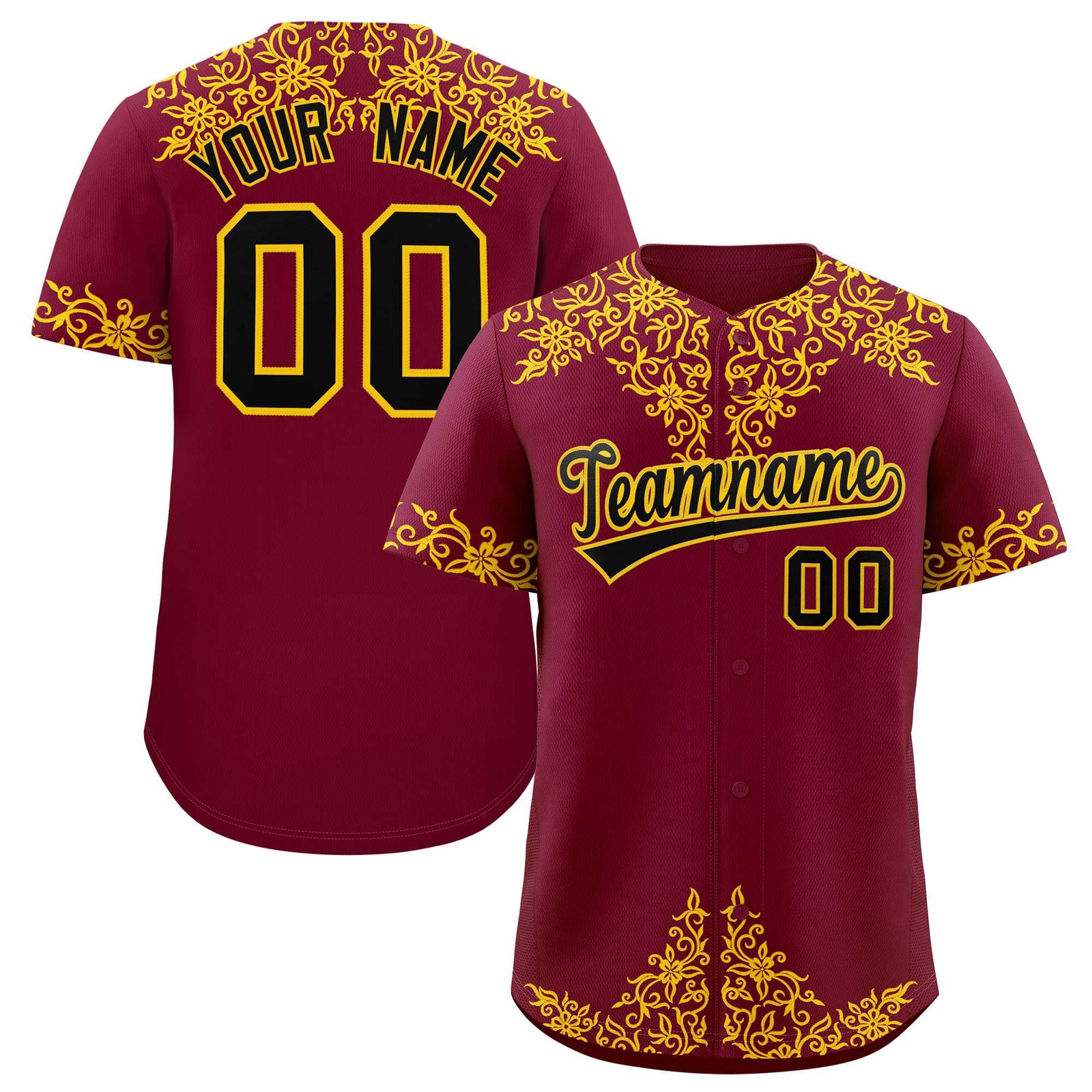 Custom Crimson Yellow Baroque Style Personalized Baseball Jersey
