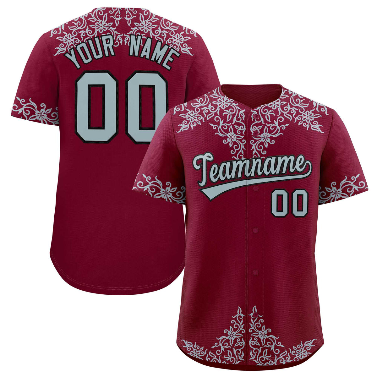 Custom Crimson Silver Baroque Style Personalized Baseball Jersey