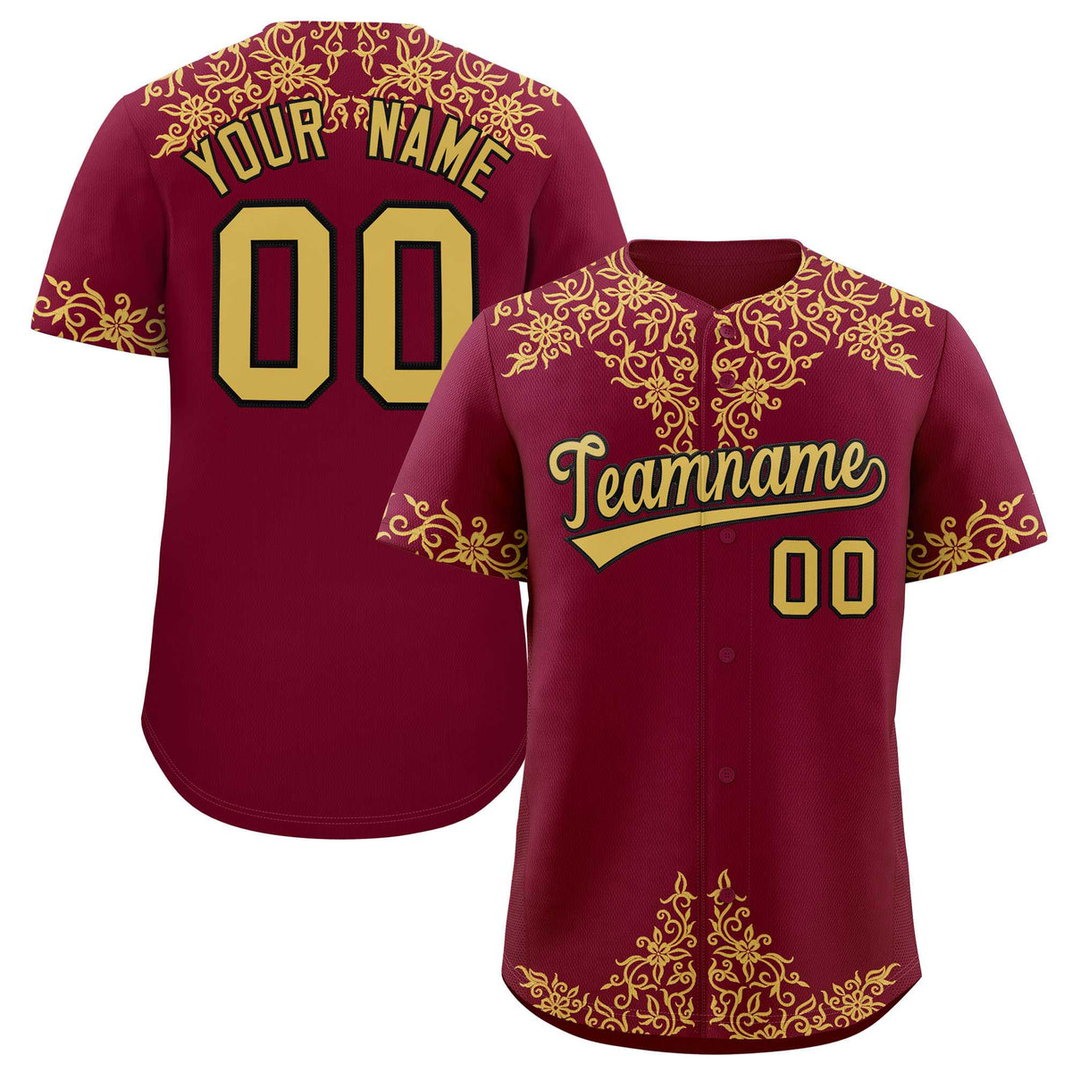 Custom Crimson Old Gold Baroque Style Personalized Baseball Jersey