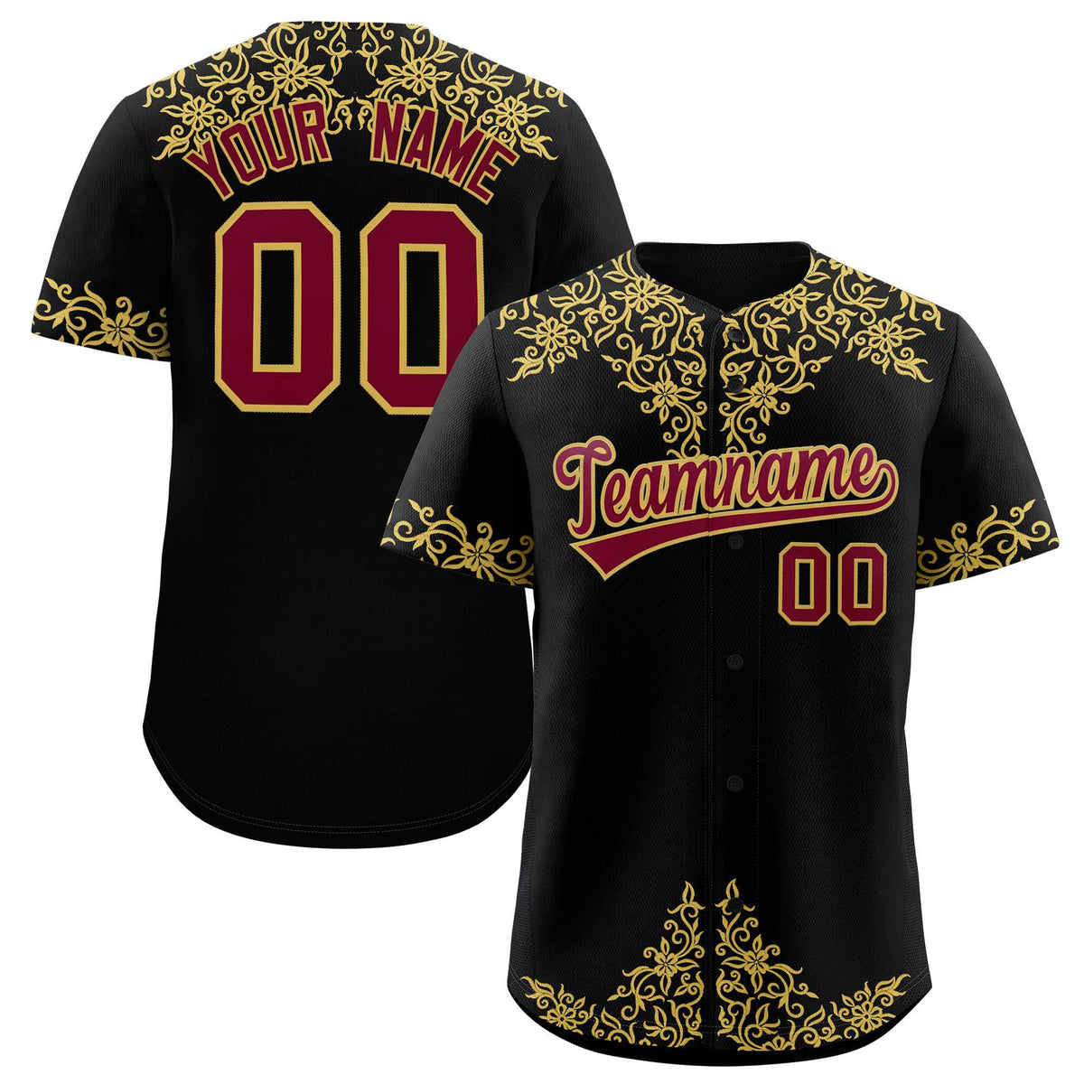 Custom Black Old Gold Baroque Style Personalized Baseball Jersey