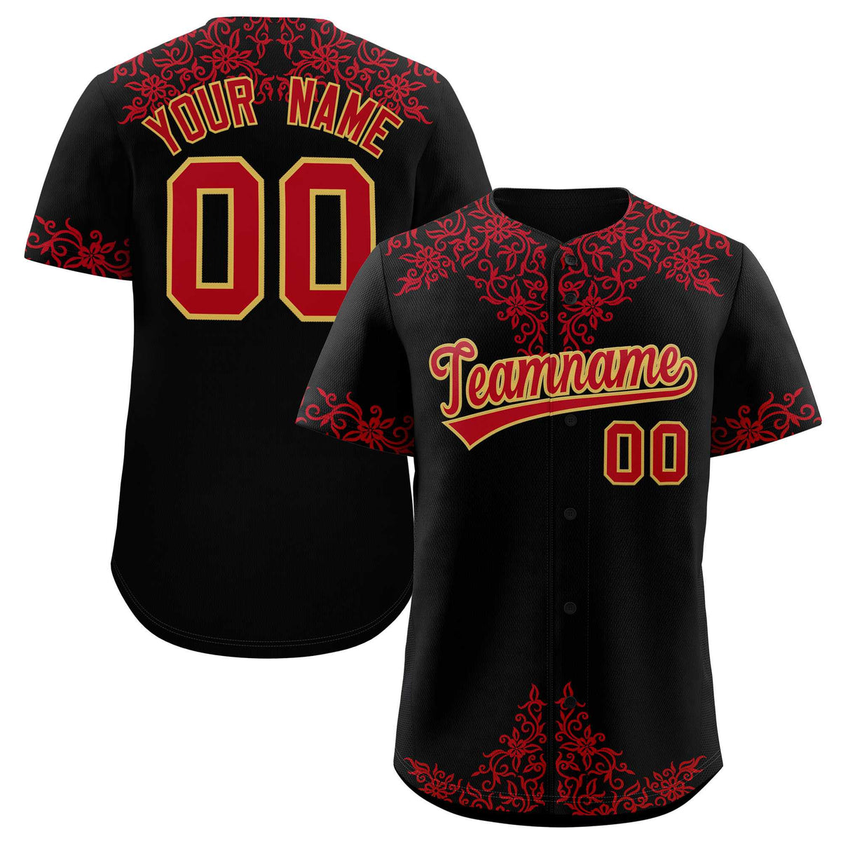 Custom Black Red Baroque Style Personalized Baseball Jersey