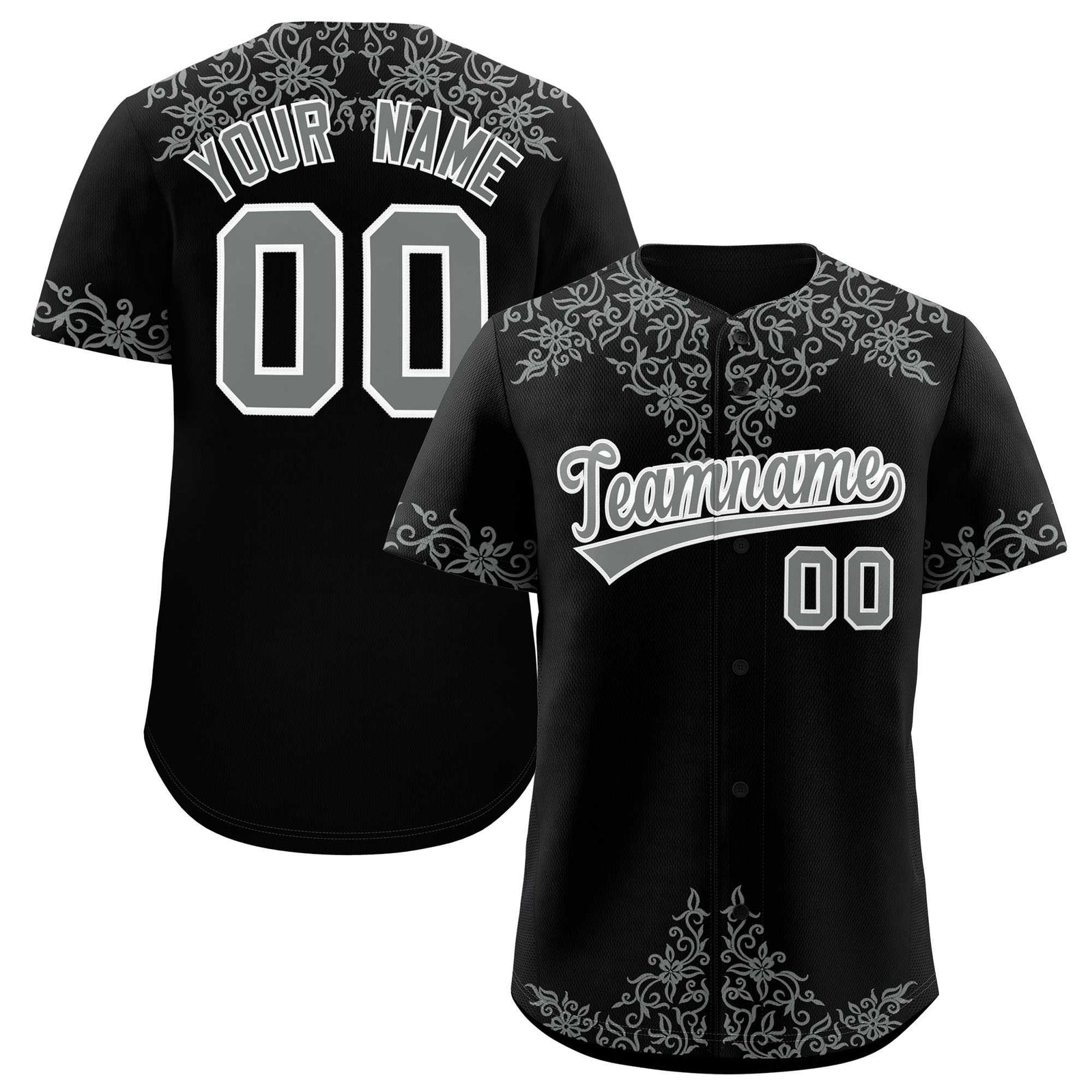 Custom Black Gray Baroque Style Personalized Baseball Jersey