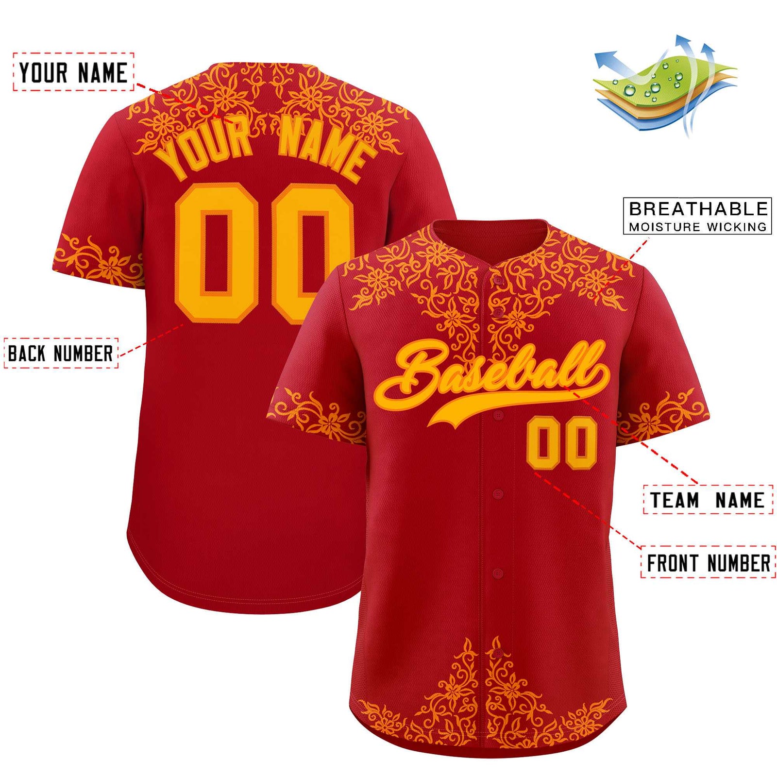 Custom Red Yellow Baroque Style Personalized Baseball Jersey