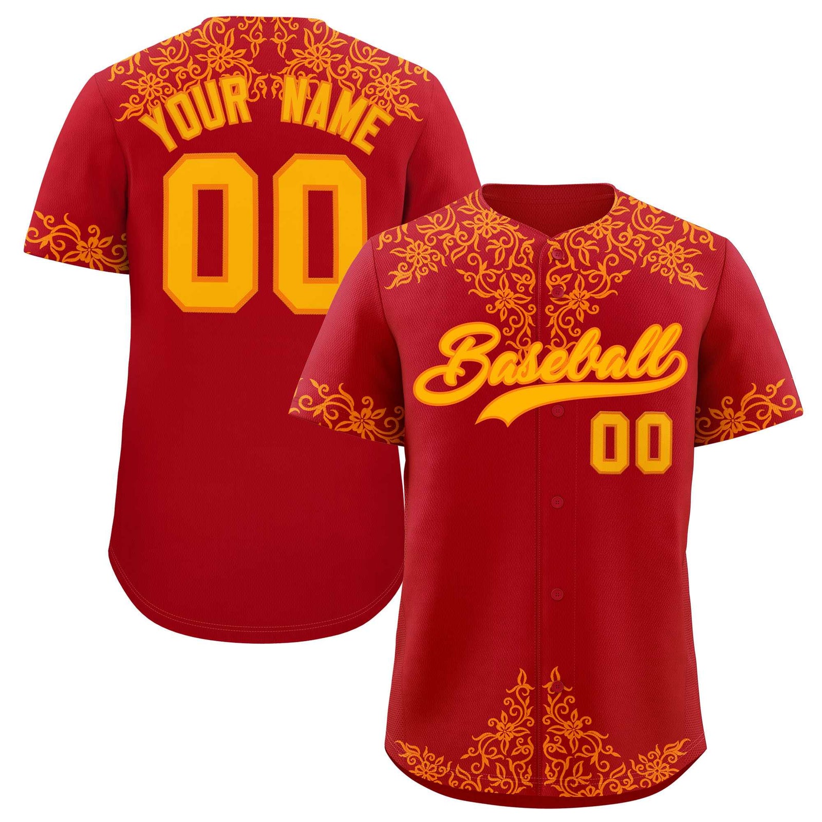 Custom Red Yellow Baroque Style Personalized Baseball Jersey