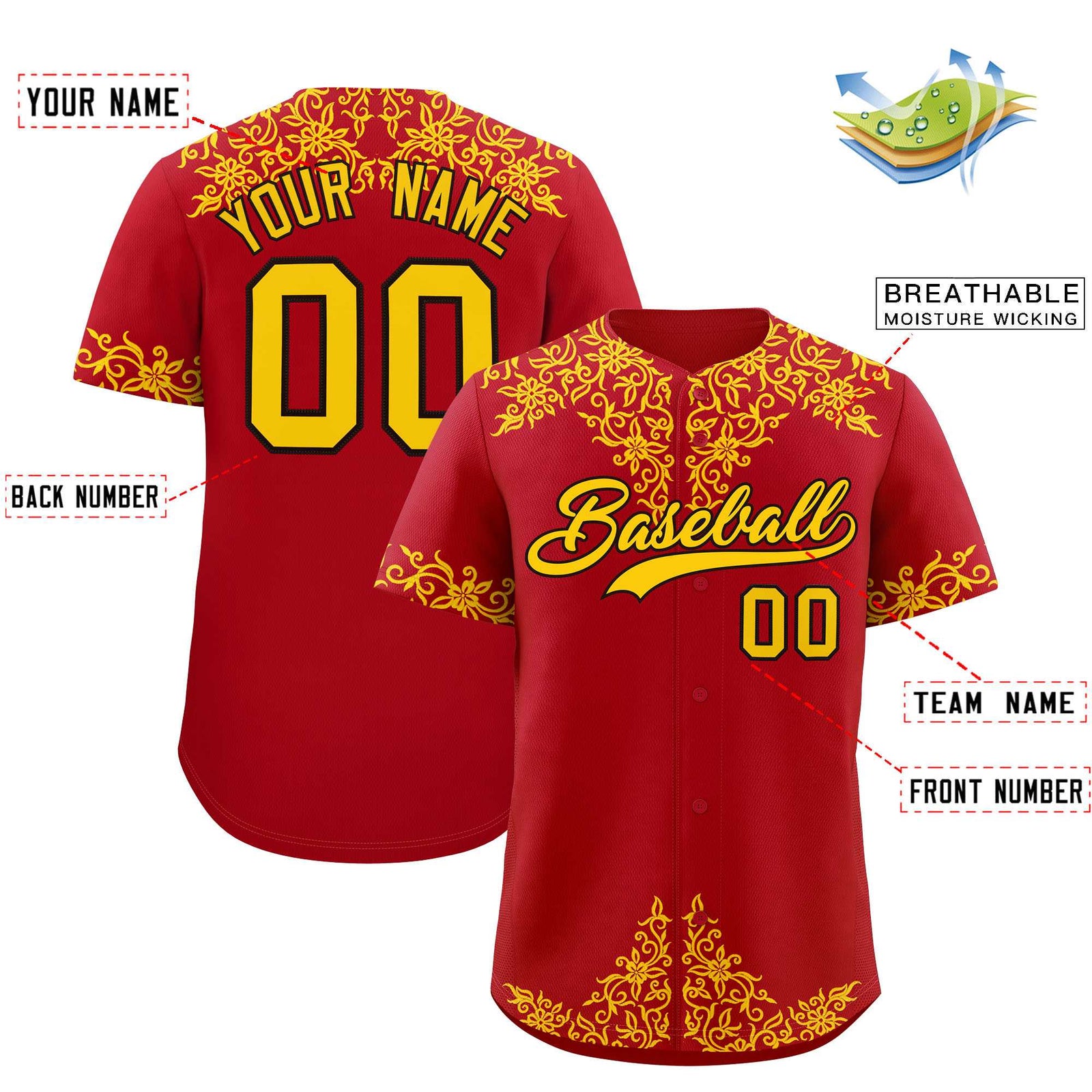 Custom Red Gold Baroque Style Personalized Baseball Jersey
