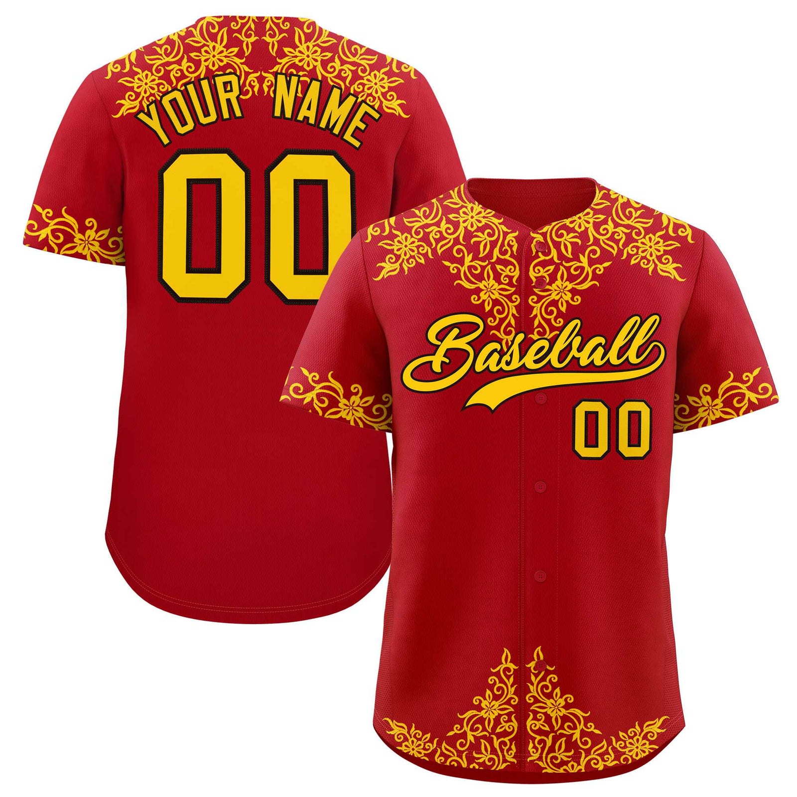 Custom Red Gold Baroque Style Personalized Baseball Jersey