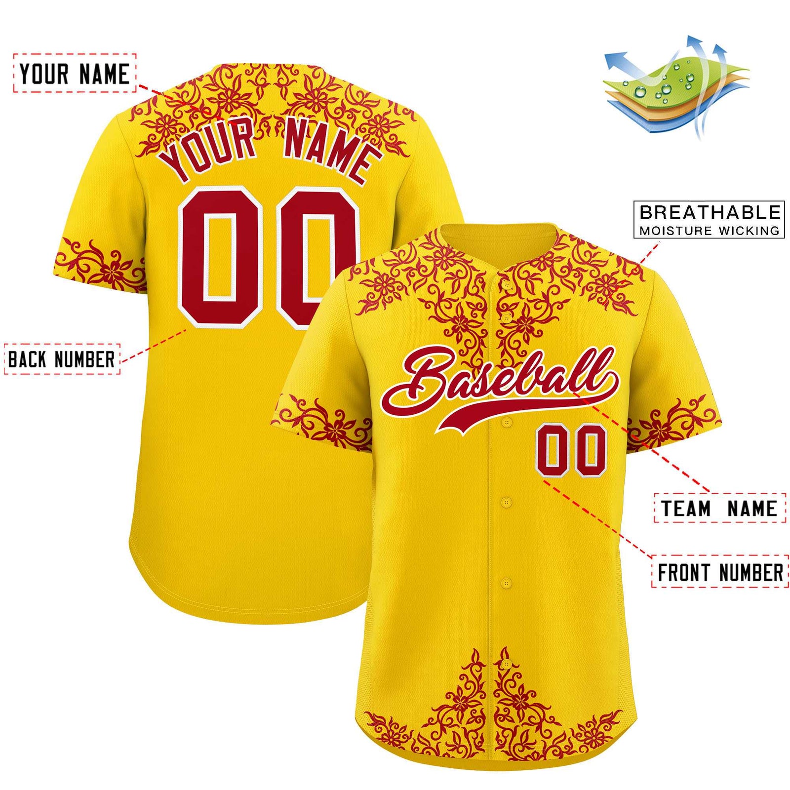 Custom Gold Red Baroque Style Personalized Baseball Jersey