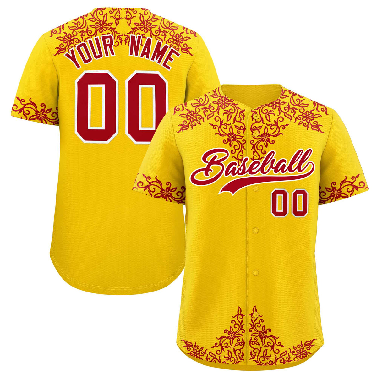 Custom Gold Red Baroque Style Personalized Baseball Jersey