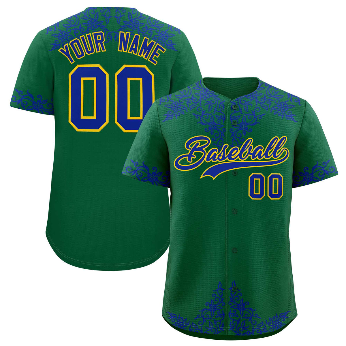 Custom Kelly Green Royal Baroque Style Personalized Baseball Jersey