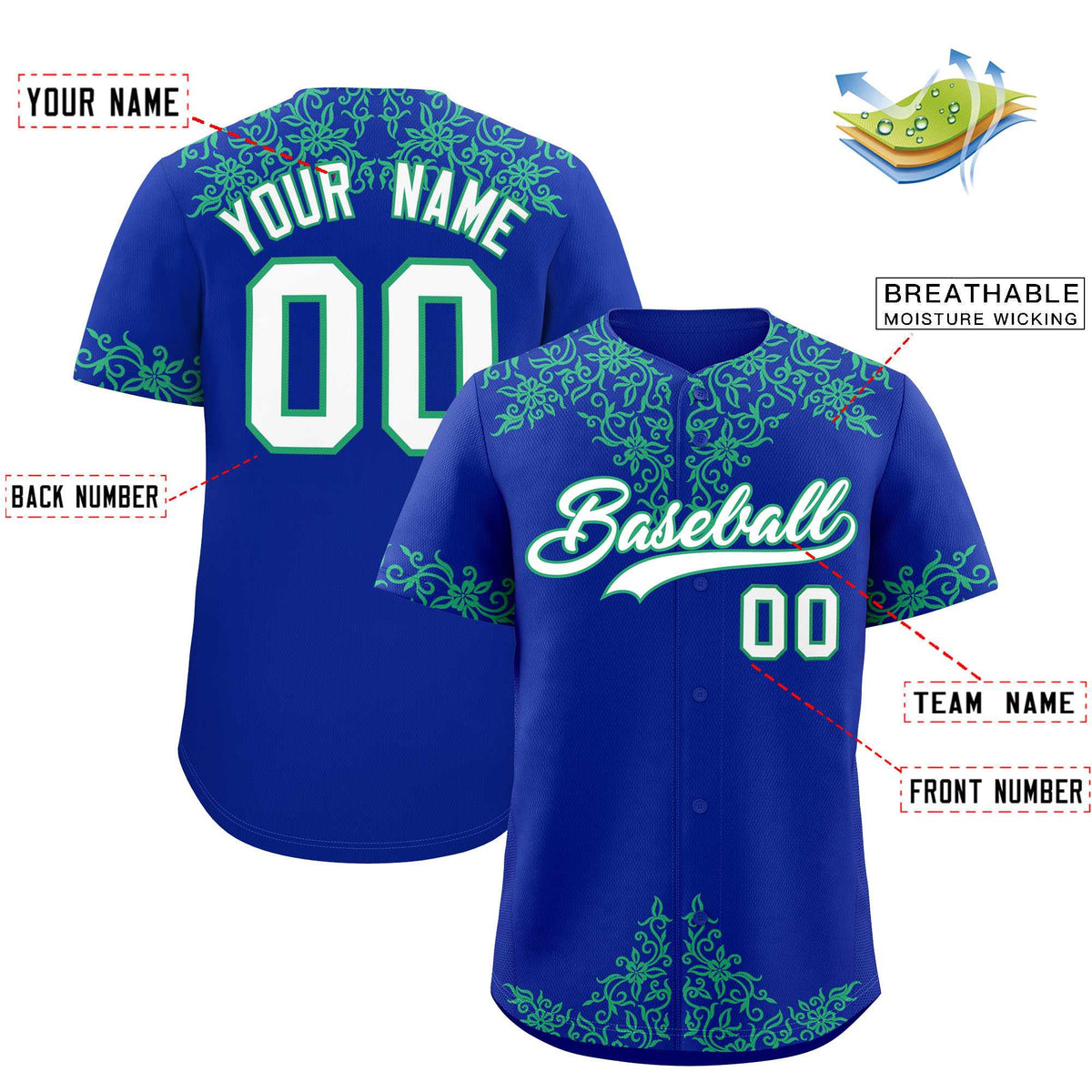 Custom Royal Bright Green Baroque Style Personalized Baseball Jersey