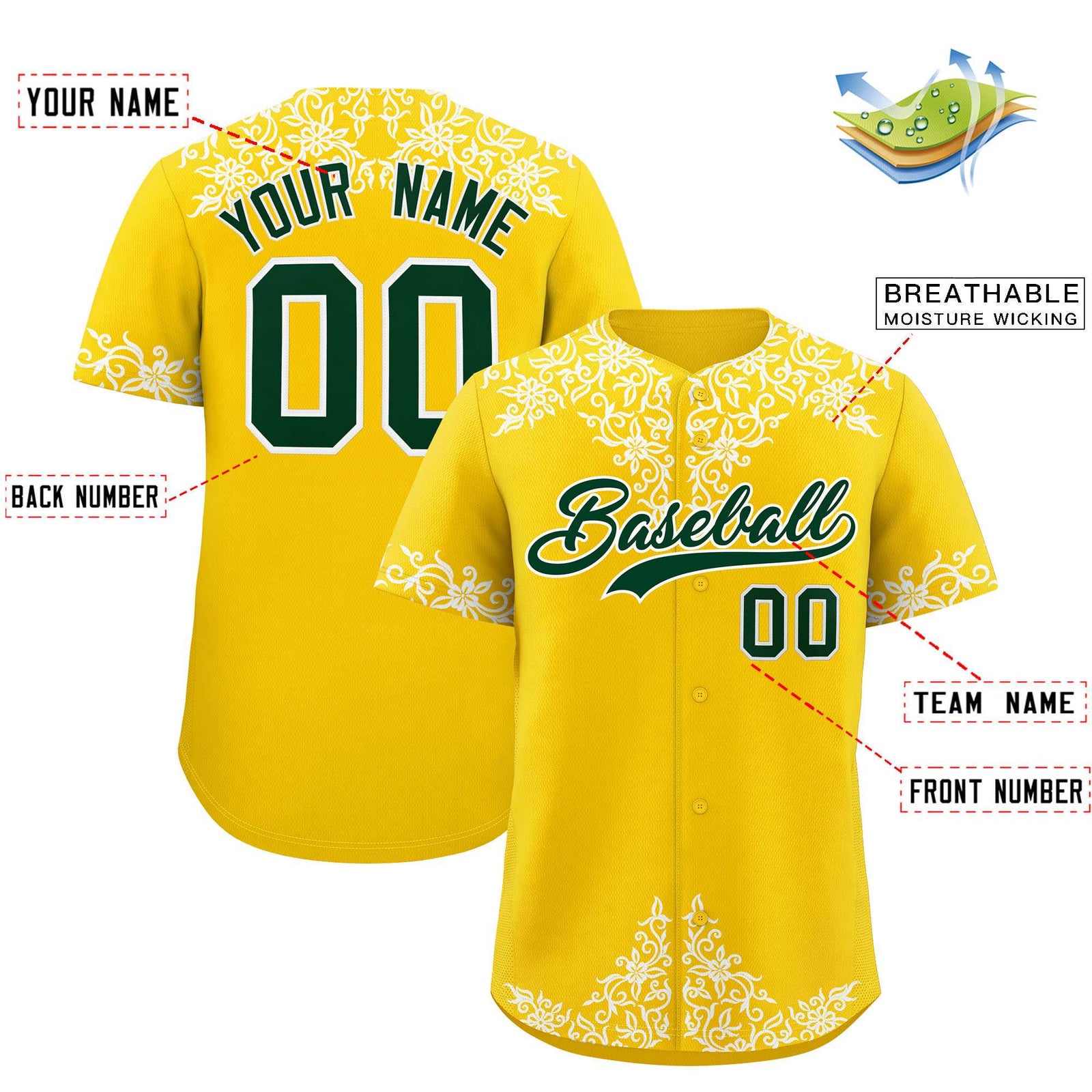 Custom Gold White Baroque Style Personalized Baseball Jersey