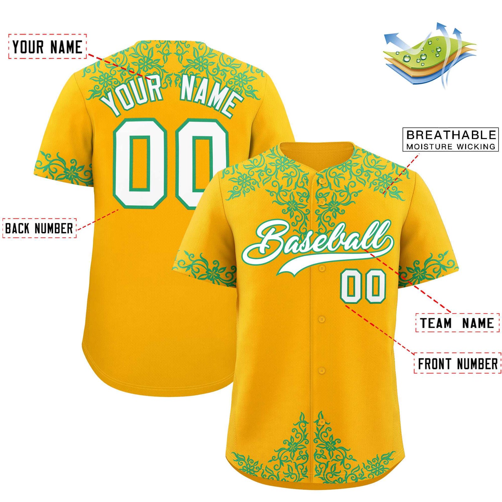 Custom Yellow Bright Green Baroque Style Personalized Baseball Jersey