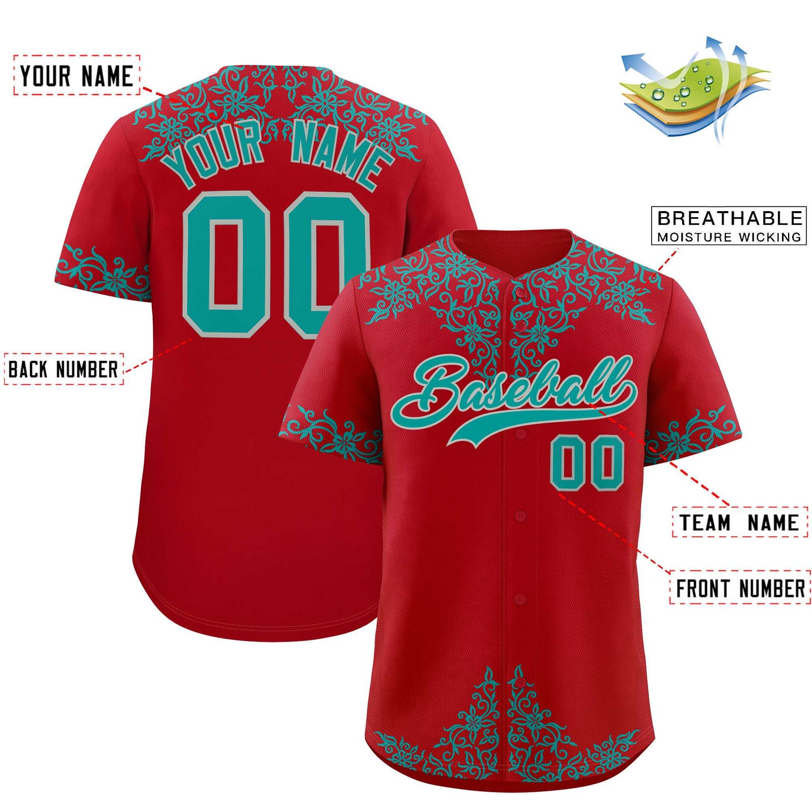 Custom Red Teal Baroque Style Personalized Baseball Jersey