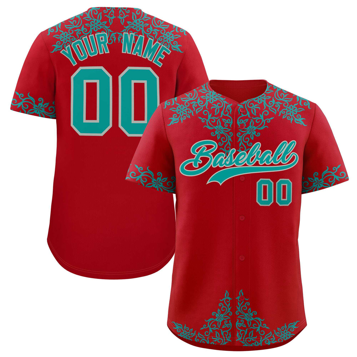 Custom Red Teal Baroque Style Personalized Baseball Jersey