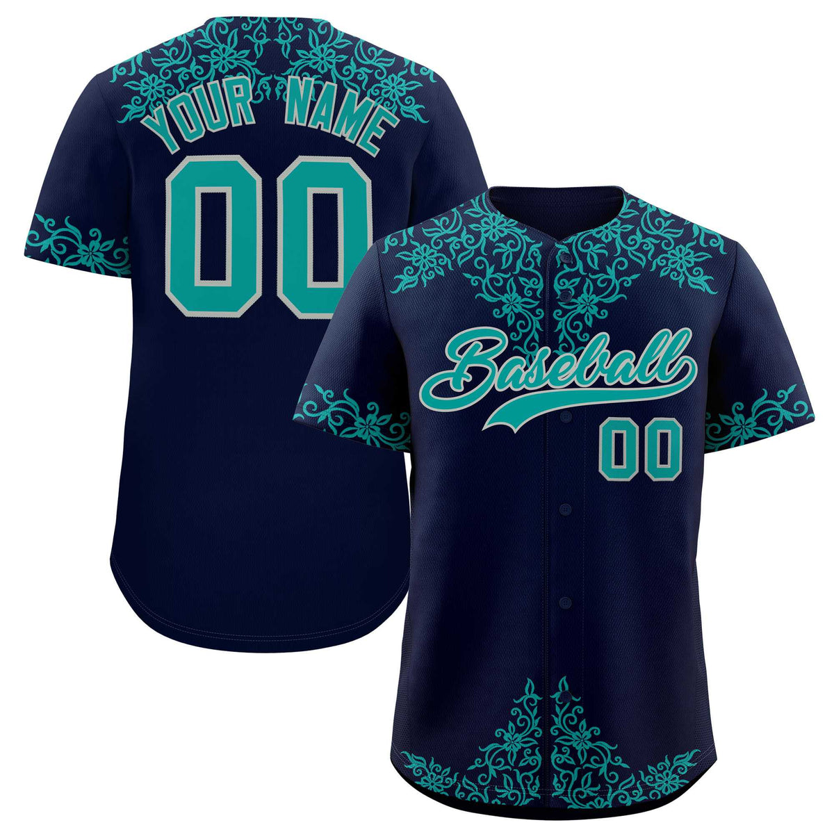 Custom Navy Teal Baroque Style Personalized Baseball Jersey