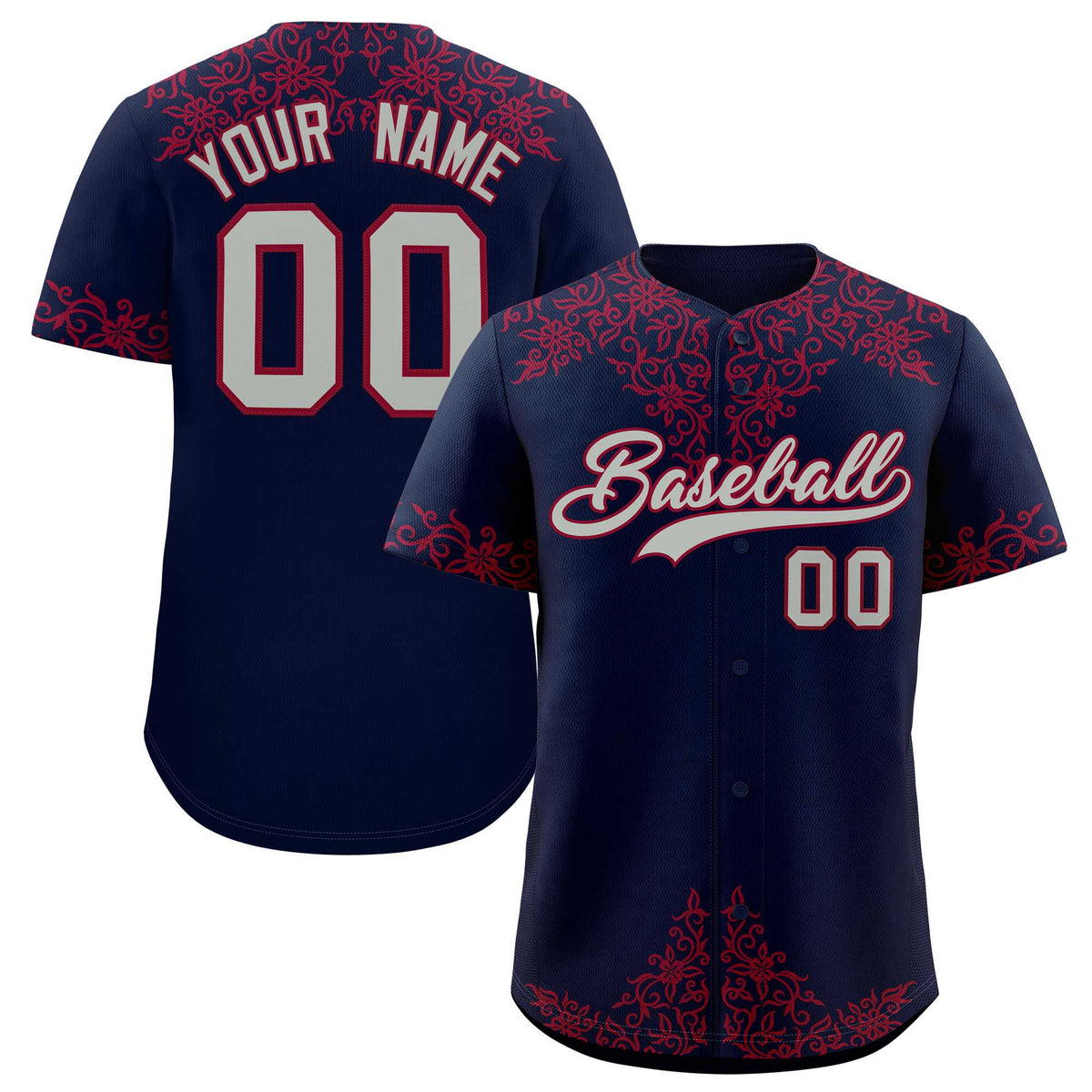 Custom Navy Crimson Baroque Style Personalized Baseball Jersey