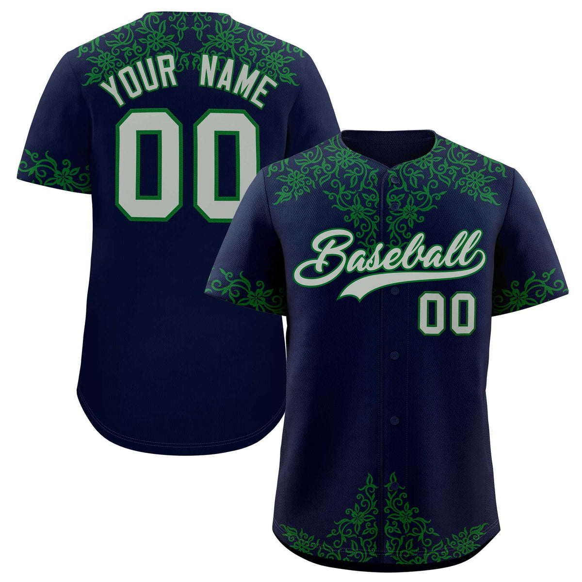 Custom Navy Kelly Green Baroque Style Personalized Baseball Jersey