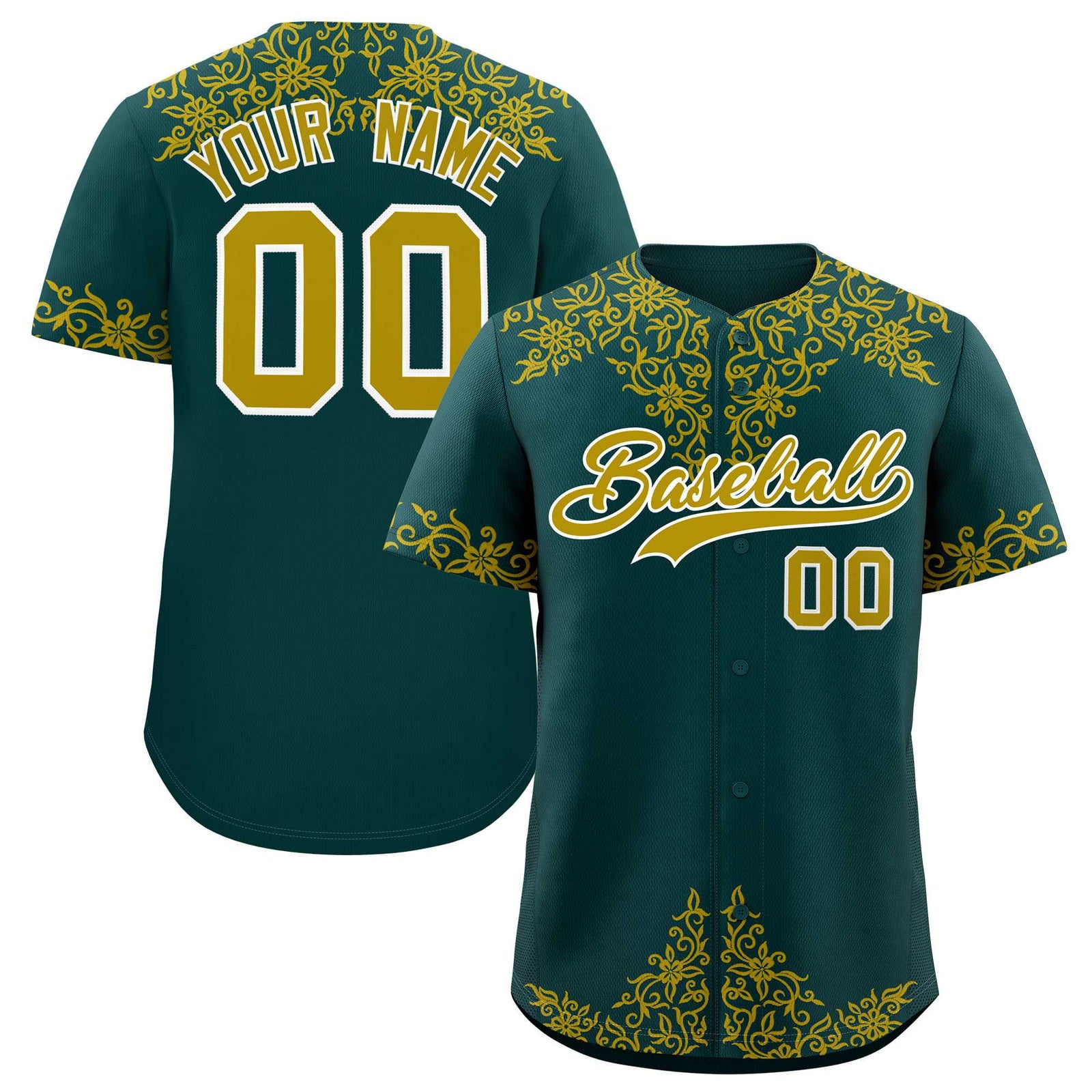 Custom Midnight Green Old Gold Baroque Style Personalized Baseball Jersey