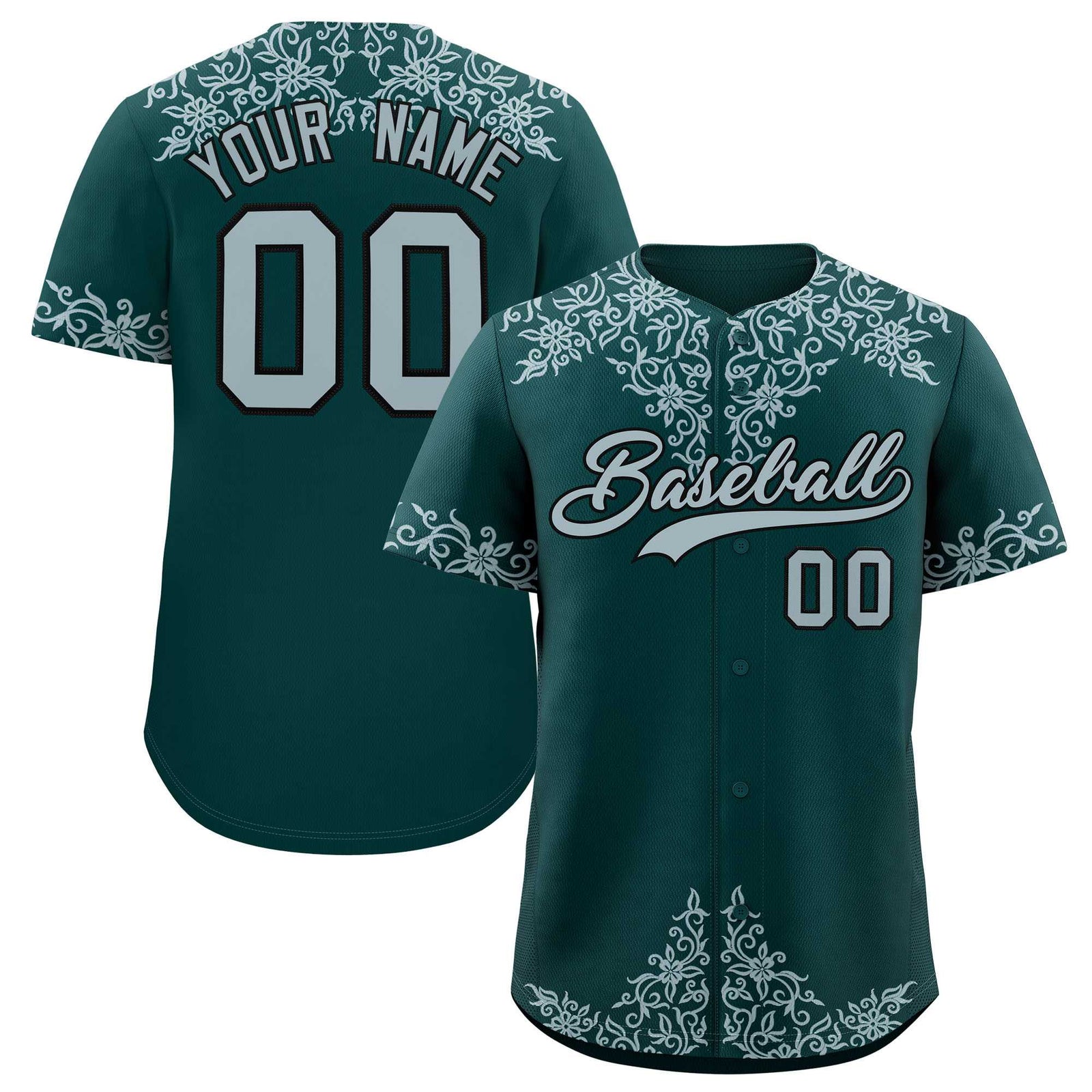 Custom Midnight Green Silver Baroque Style Personalized Baseball Jersey